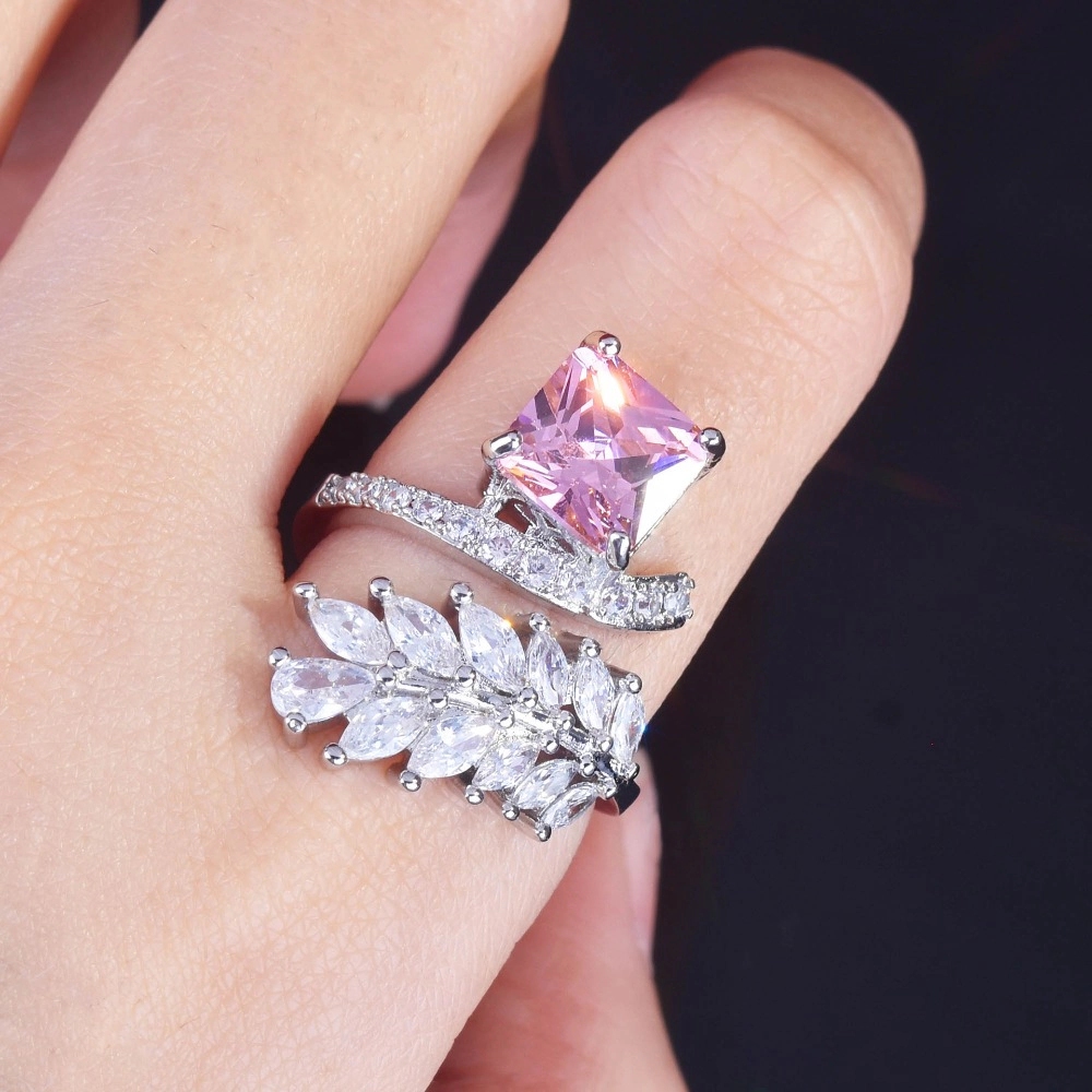 Branch Leaf Open Ring Adjustable Wedding with Yellow & Pink CZ Crystals