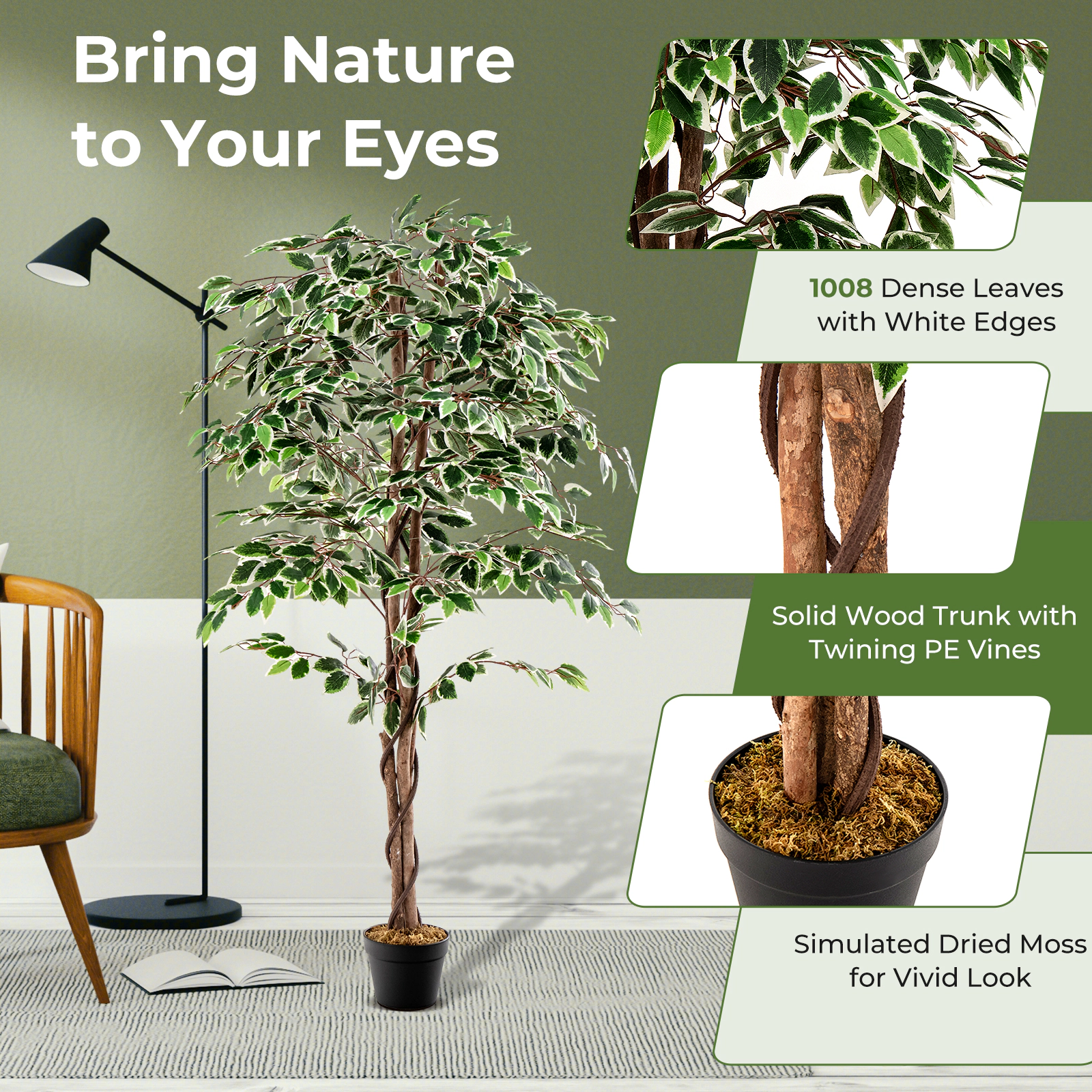 SUGIFT 65-in Tall Artificial Ficus Tree with 1008 White-Edged Leaves Solid Wood Trunk and Dried Moss
