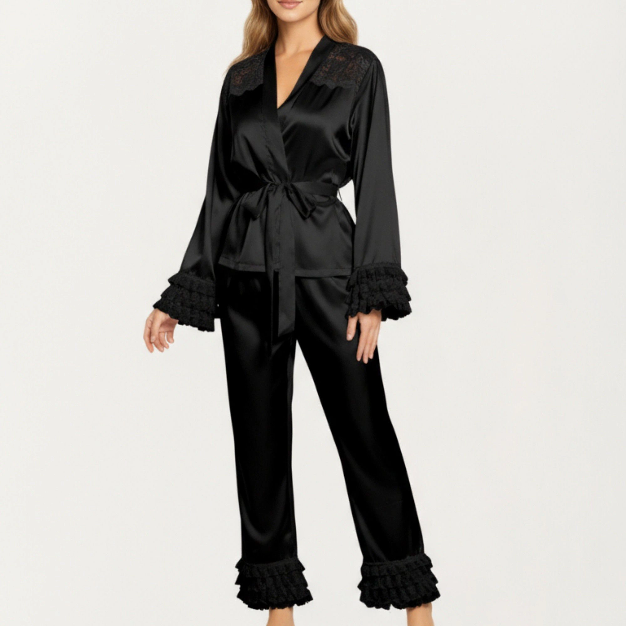 Anna-Kaci Women's 2-Piece Satin Lace Shoulder Long Sleeve Top with Ruffle Cuff Pants