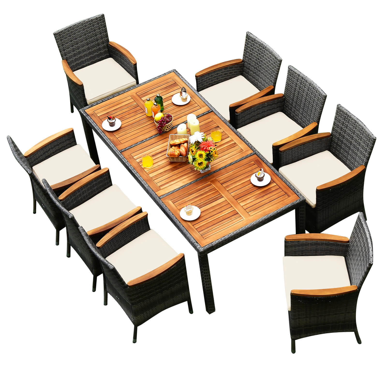 SUGIFT Gray 75 Inch Acacia Wood Table and 8 Cushioned Chairs 9-Piece Rattan Patio Dining Set