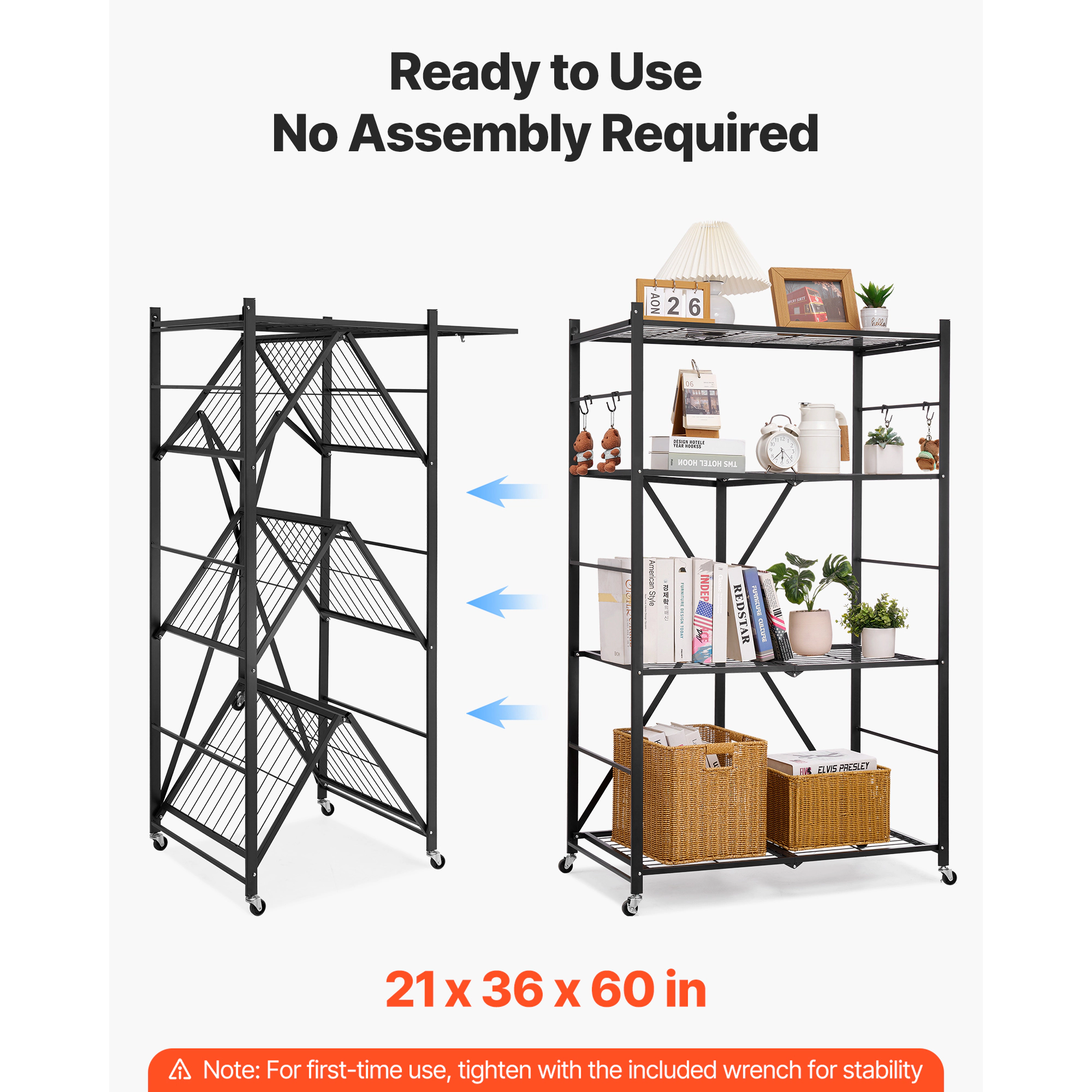 HONGGE Foldable Storage Shelf Folding Metal Rack Shelving Unit No Assembly Organizer Shelf with 5 Wheels & 4 Hooks for