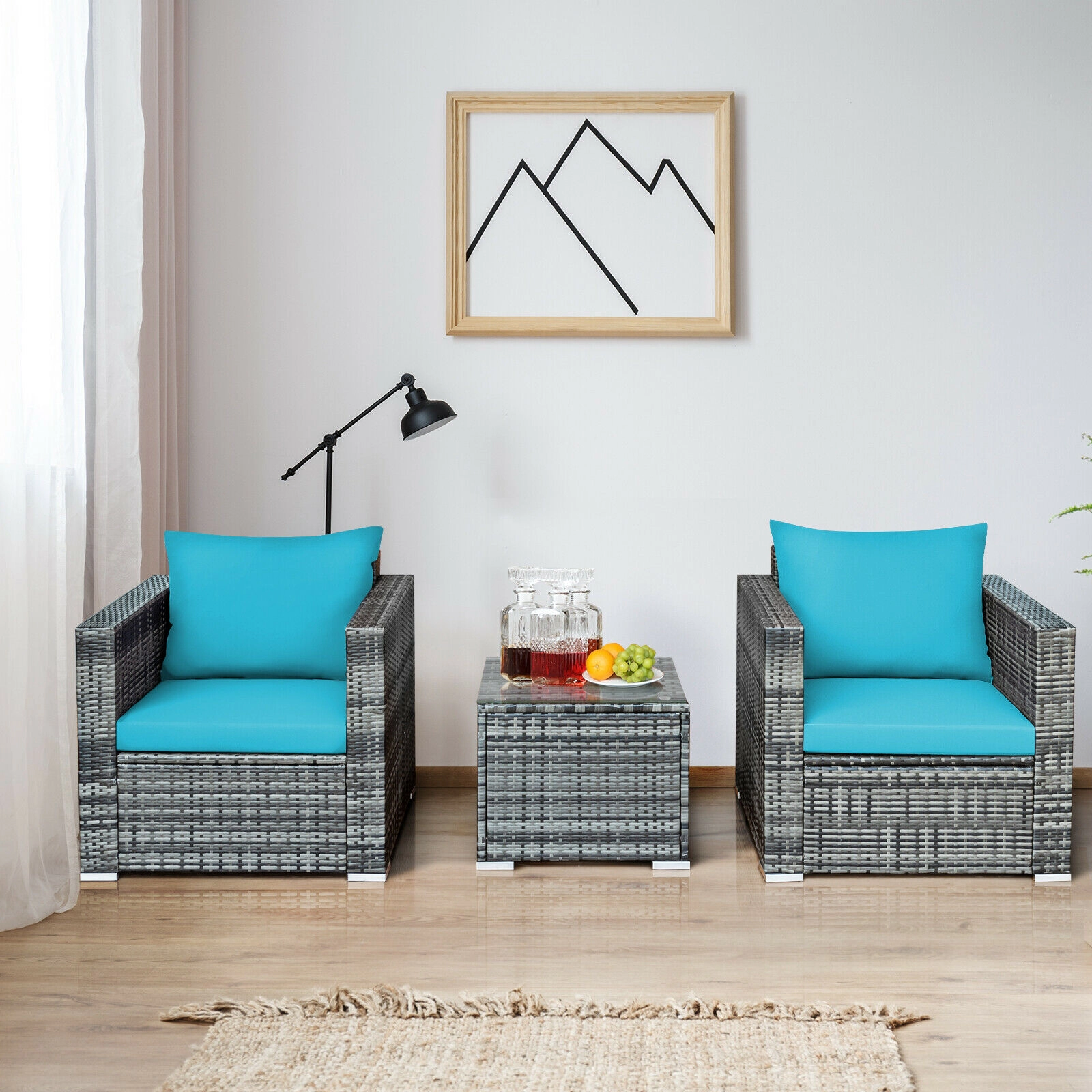 SUGIFT 3-Piece Gray Rattan Patio Conversation Set with 2 Sofa Chairs and Glass Coffee Table