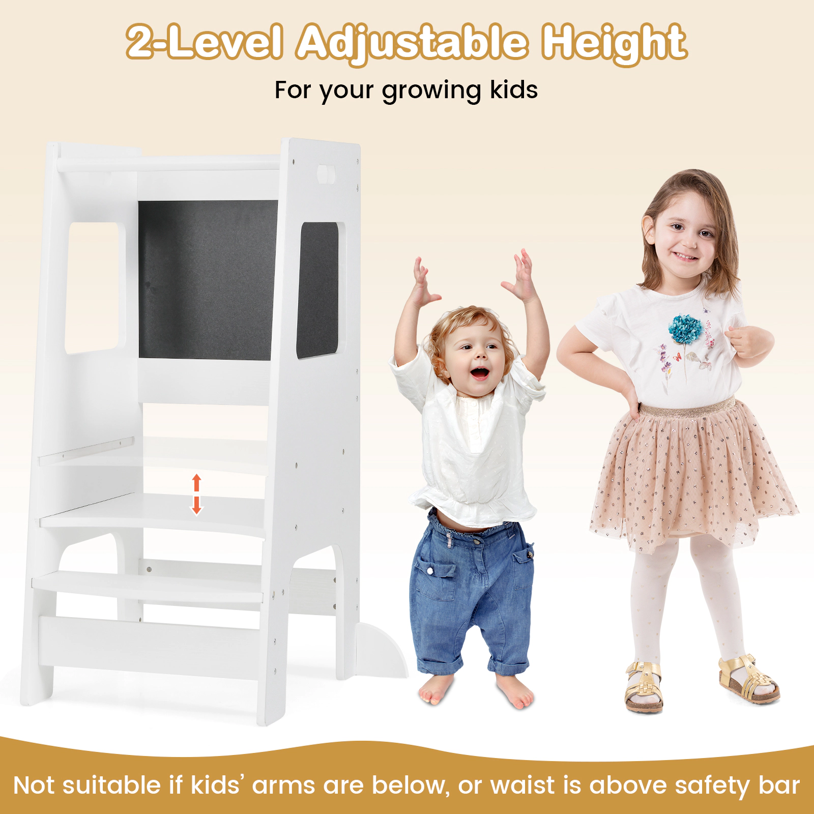 SUGIFT Toddler Kitchen Step Stool with Activity Chalkboard and Adjustable Height 132-lb Capacity Ages 3+ Natural/White