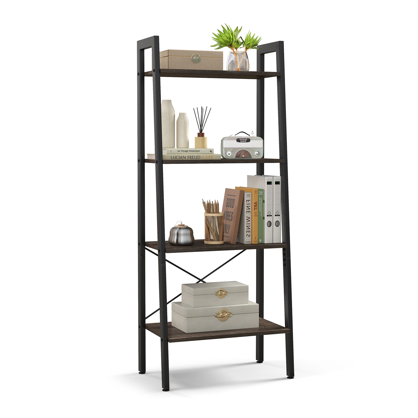 SUGIFT 4-Tier 200-lb Capacity 54.5-in Oak Industrial Bookshelf with Metal Frame and Adjustable Foot Pads