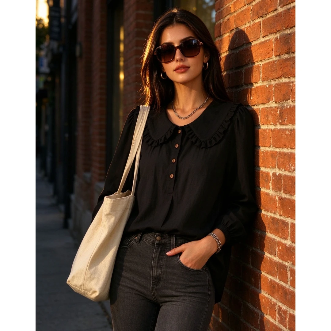 Coolmee Women's Solid Loose Peter Pan Collar Long Sleeve Cotton-Linen Look Shirt Blouse All Season