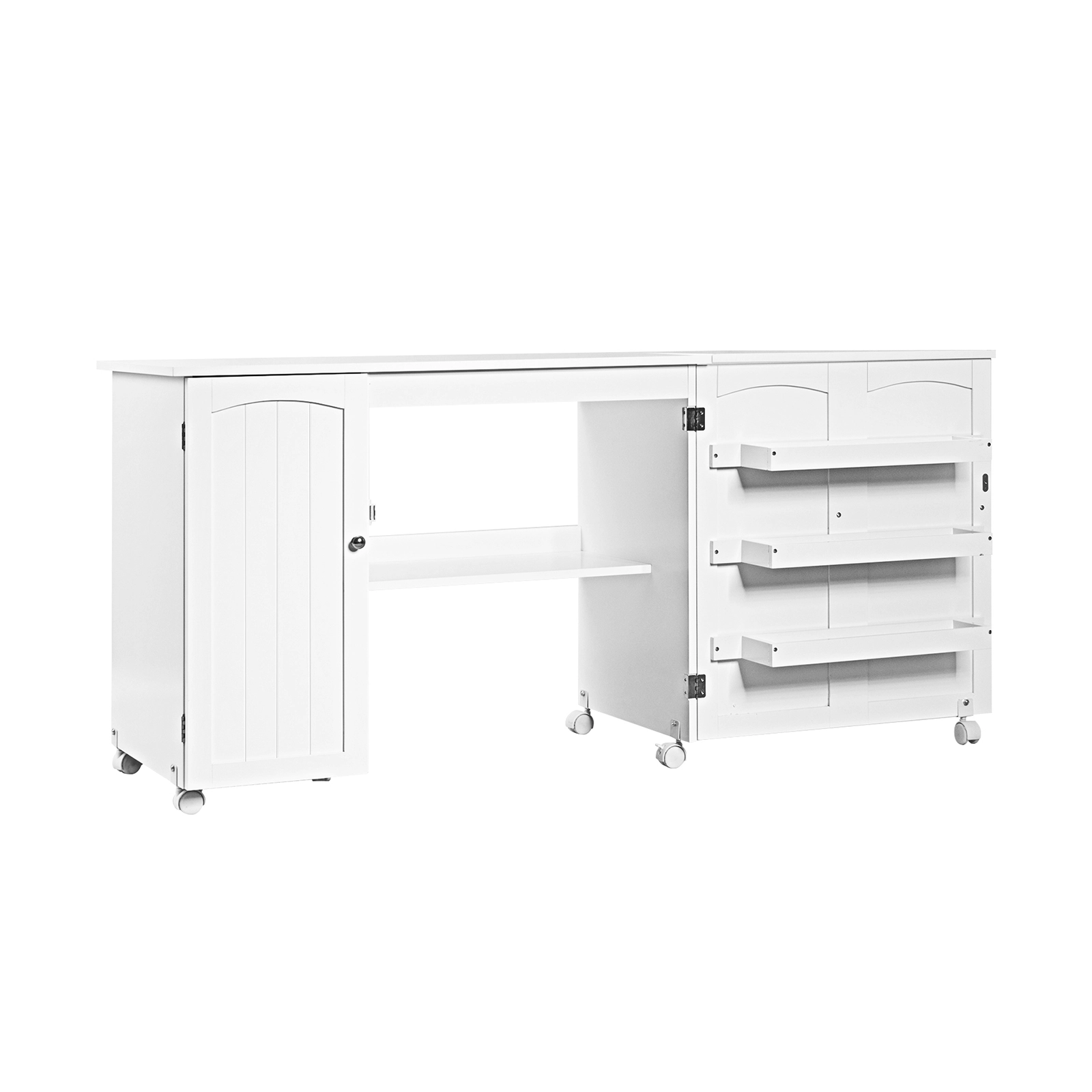 SUGIFT Fold-Out 3 Open Bins Cabinet Rolling Sewing Craft Table Desk 62.5-in x 20-in x 29-in Folds to 38.5-in White