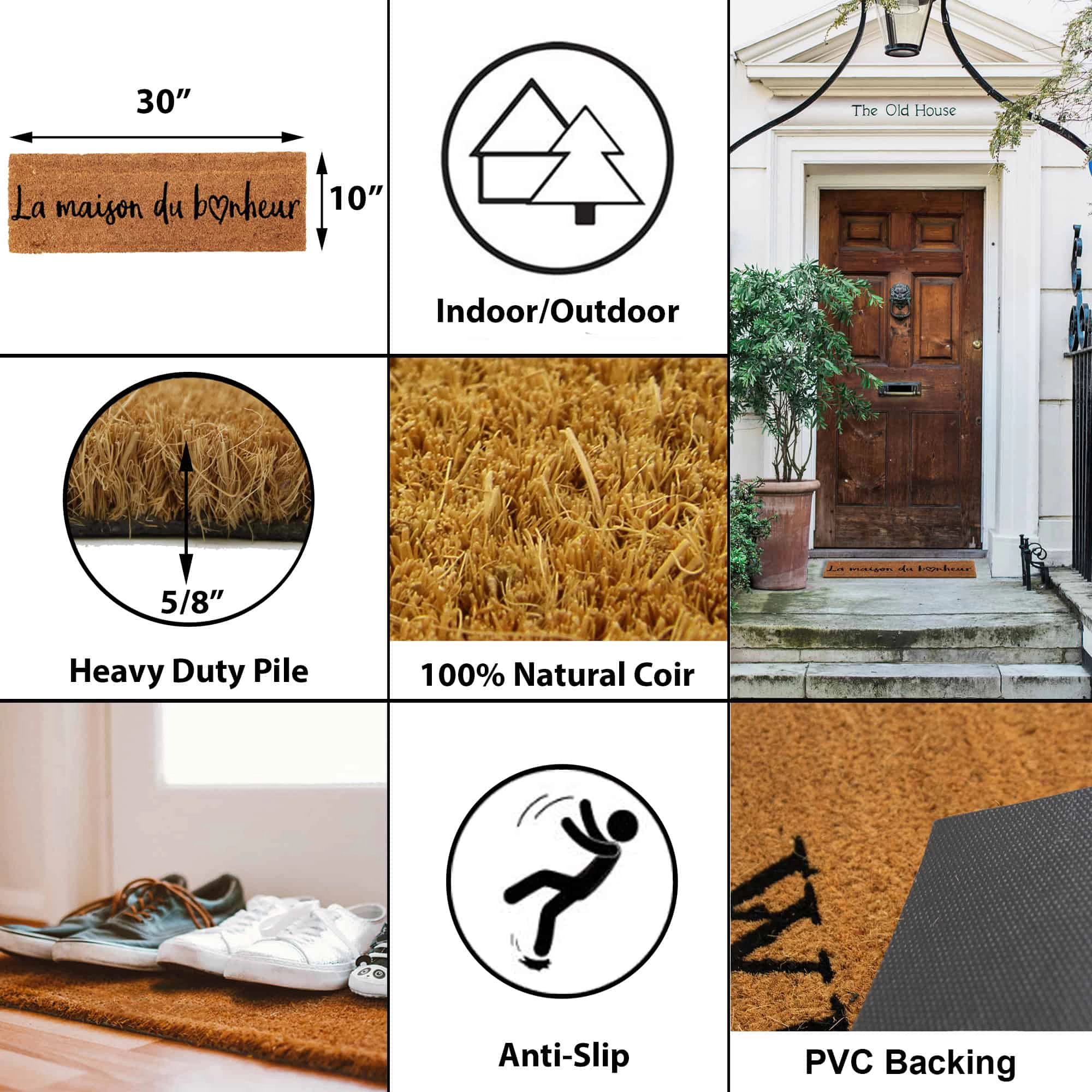 Evideco French Home Goods Natural La Maison du Bonheur Coir Doormat 30 x 10 Inches
