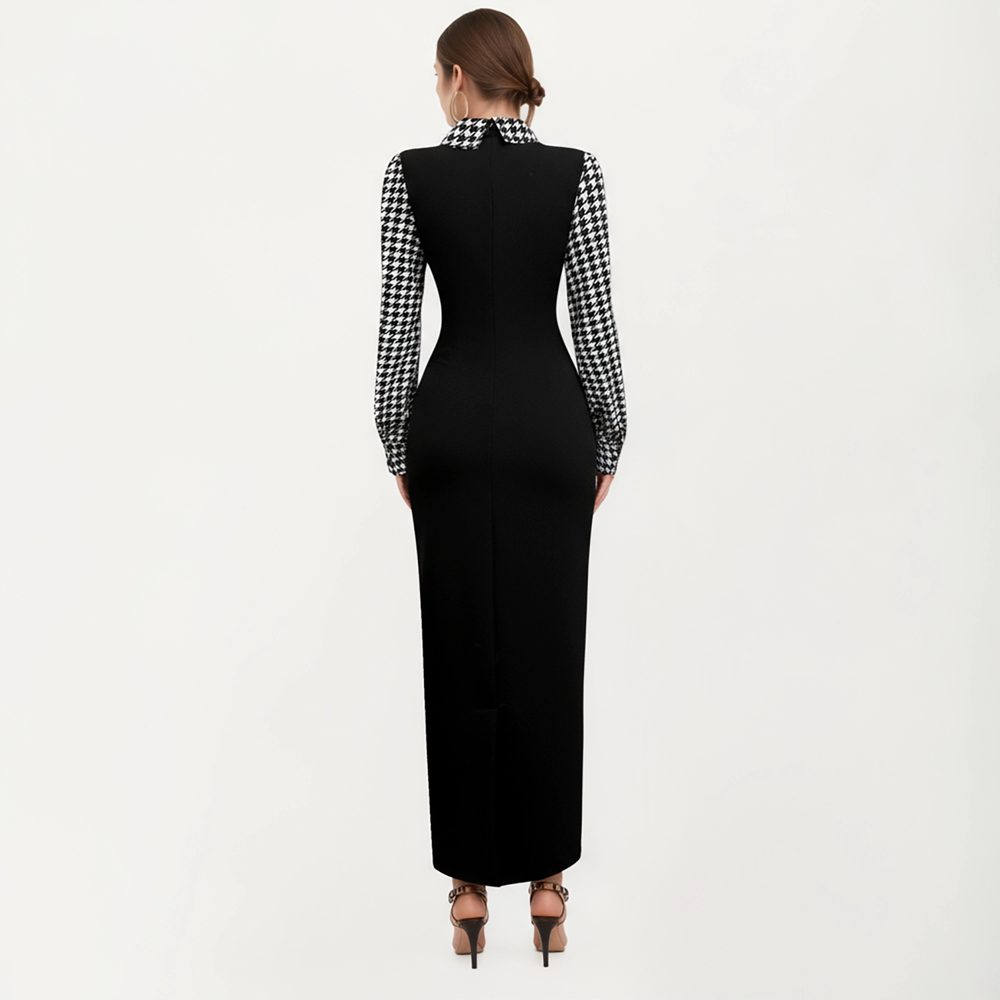 Anna-Kaci Women's Long Sleeve Houndstooth Collar Fitted Silhouette Contrast Maxi Dress