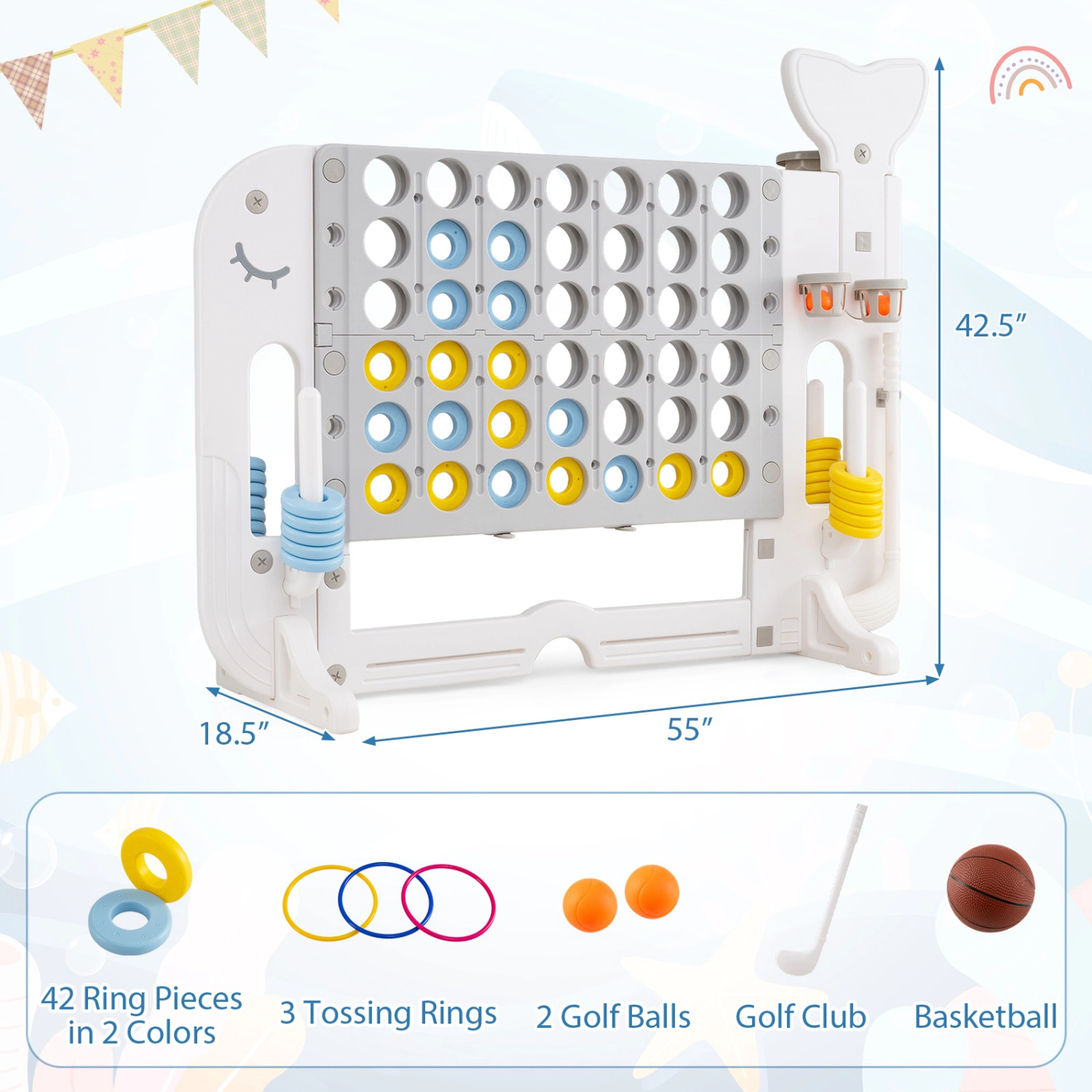 SUGIFT Giant 4-to-Score Combo Game Set Connect Four Ring Toss Golf Basketball 37.5-in Height Blue/Gray/Navy/Pink
