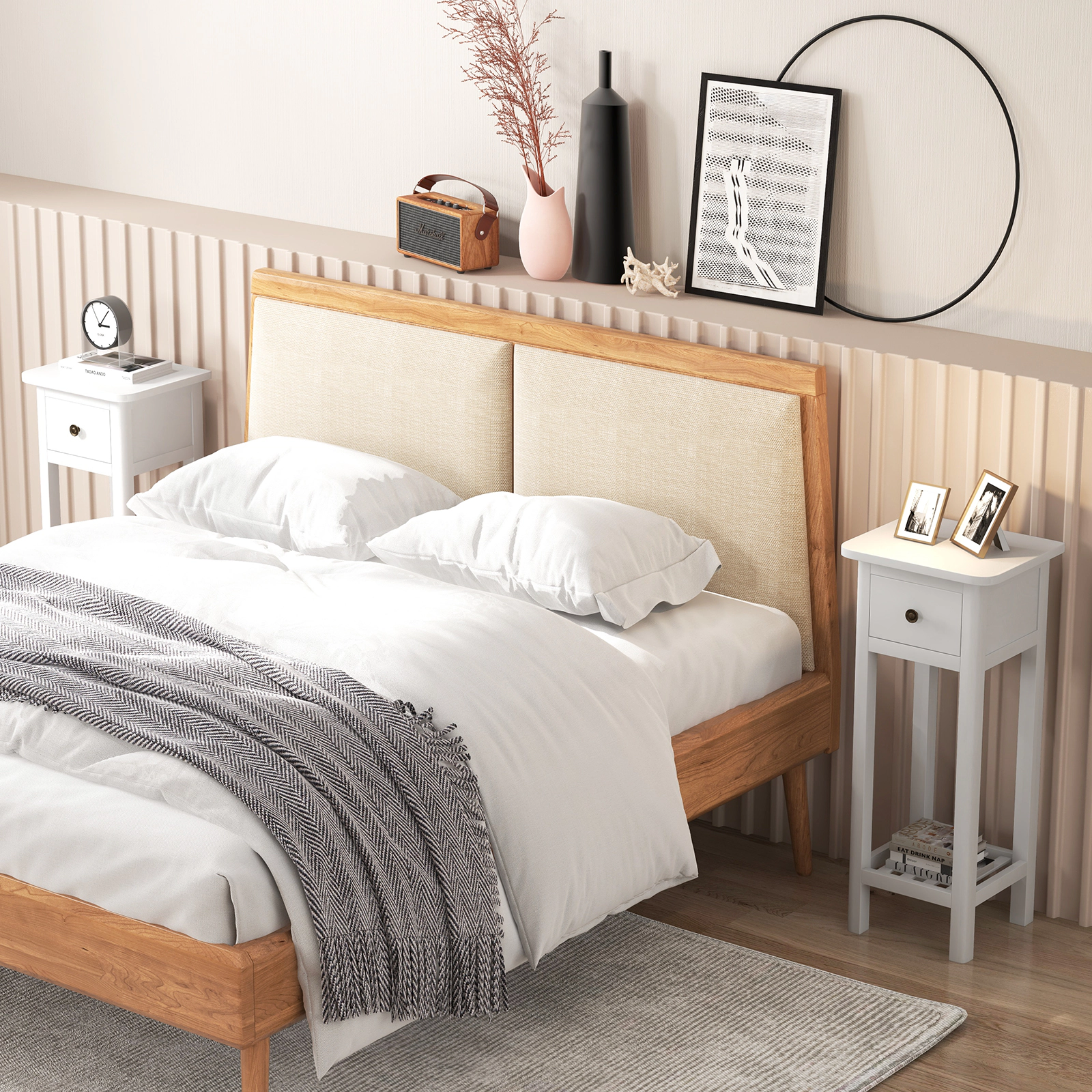 SUGIFT 2 Tier Slim Nightstand Bedside Table with Drawer Shelf 31.5-in Tall 155-lb Capacity Acacia Wood MDF White