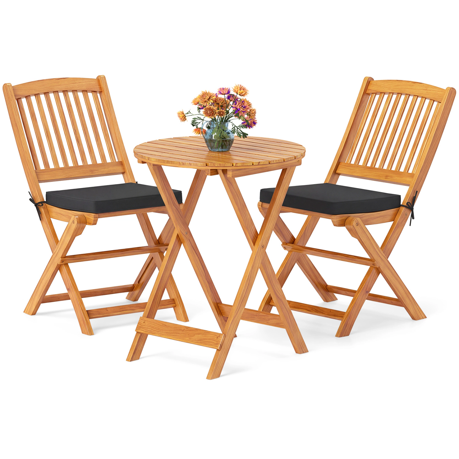 LJG 3 Pieces Acacia Wood Patio Folding Bistro Set with Soft Cushions