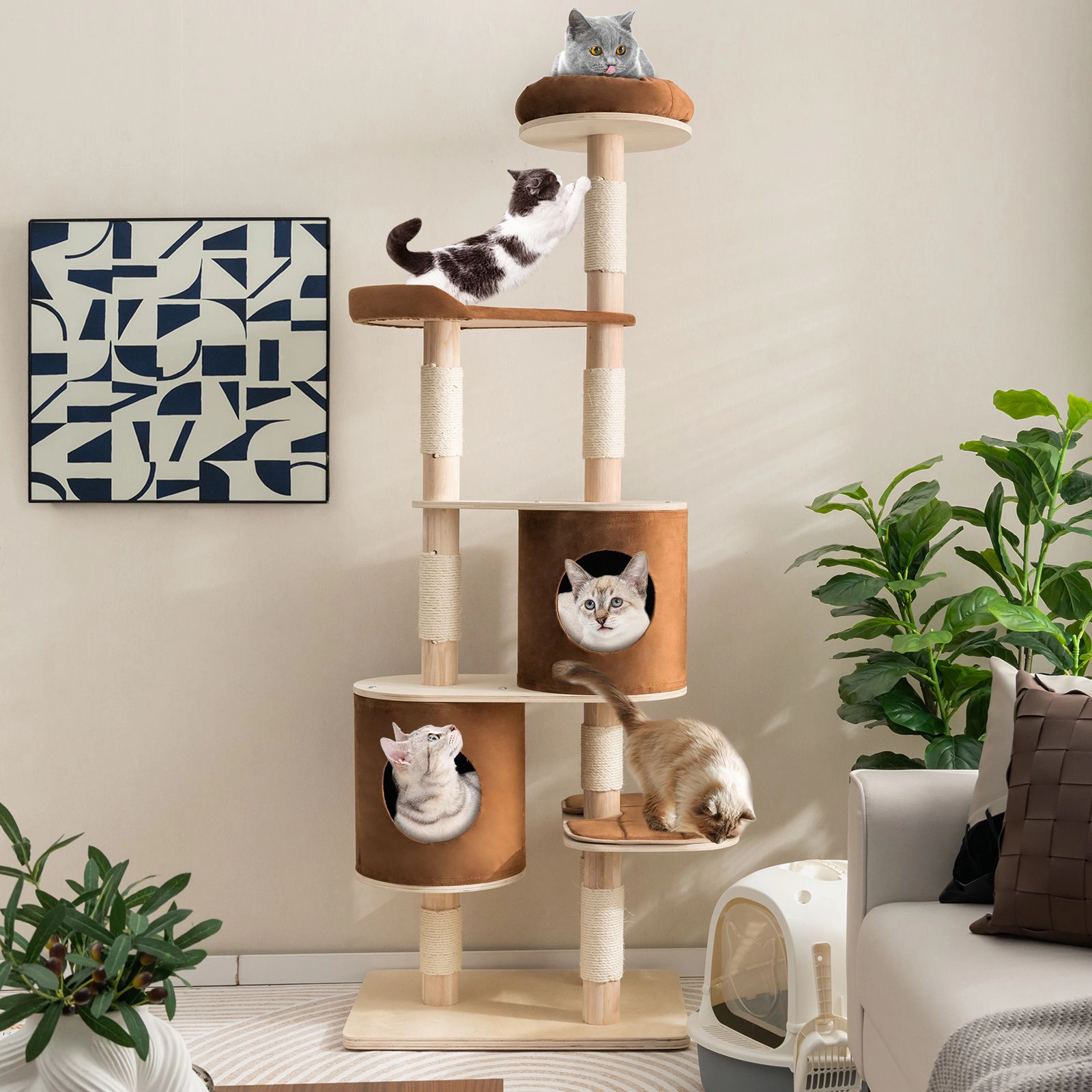 SlickBlue 75" Tall Cat Tree with 2 Condos, Platforms and Sisal Posts