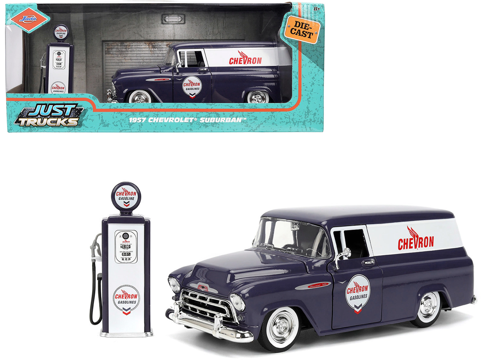 Jada Collectible 1957 Chevrolet Suburban "Chevron" Dark Blue With White Stripes And Gas Pump "Just Trucks" Series