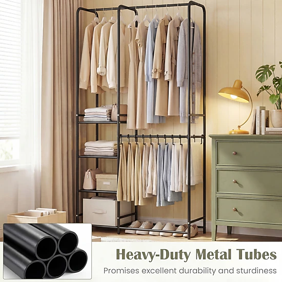 Glintex Portable Closet with 2 Rods 10 Pants Hangers and 4 Storage Shelves