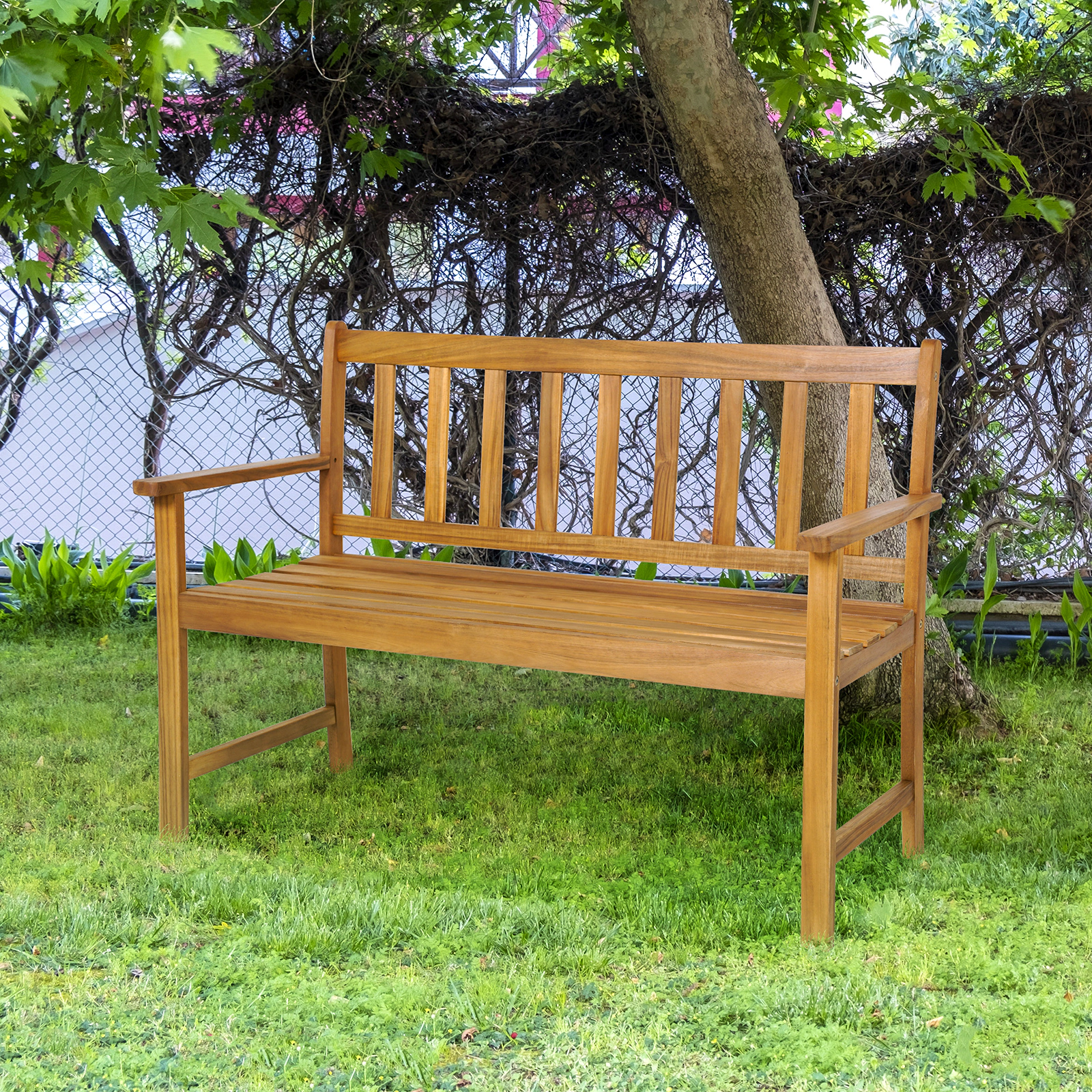 SUGIFT 48-Inch Acacia Wood Outdoor Park Bench, 2-Person, Slatted Backrest, Natural Finish