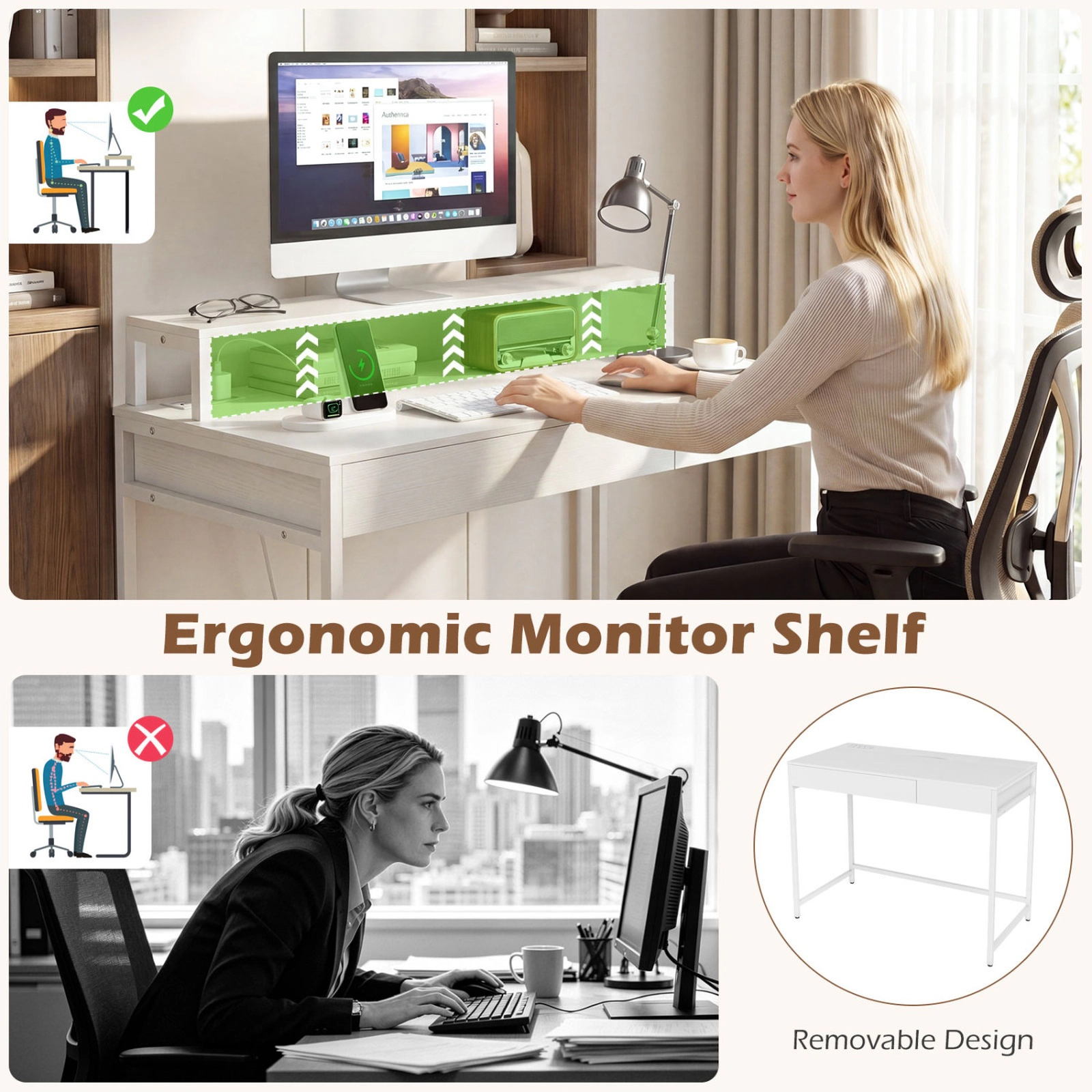 SUGIFT 39.5-in White Compact Computer Desk with Keyboard Tray, Removable Monitor Shelf and Power Outlet