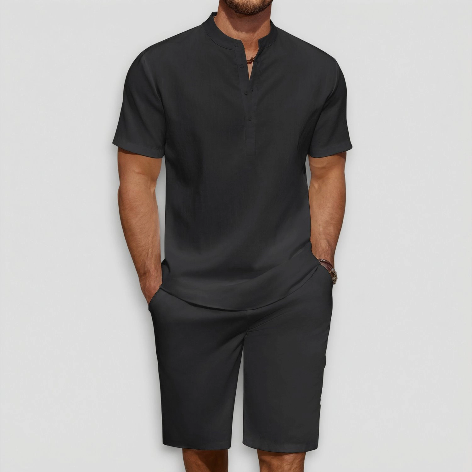 COOFANDY Mens Short Sleeve Henley Shirt  Band Collar Button Casual Shorts Set
