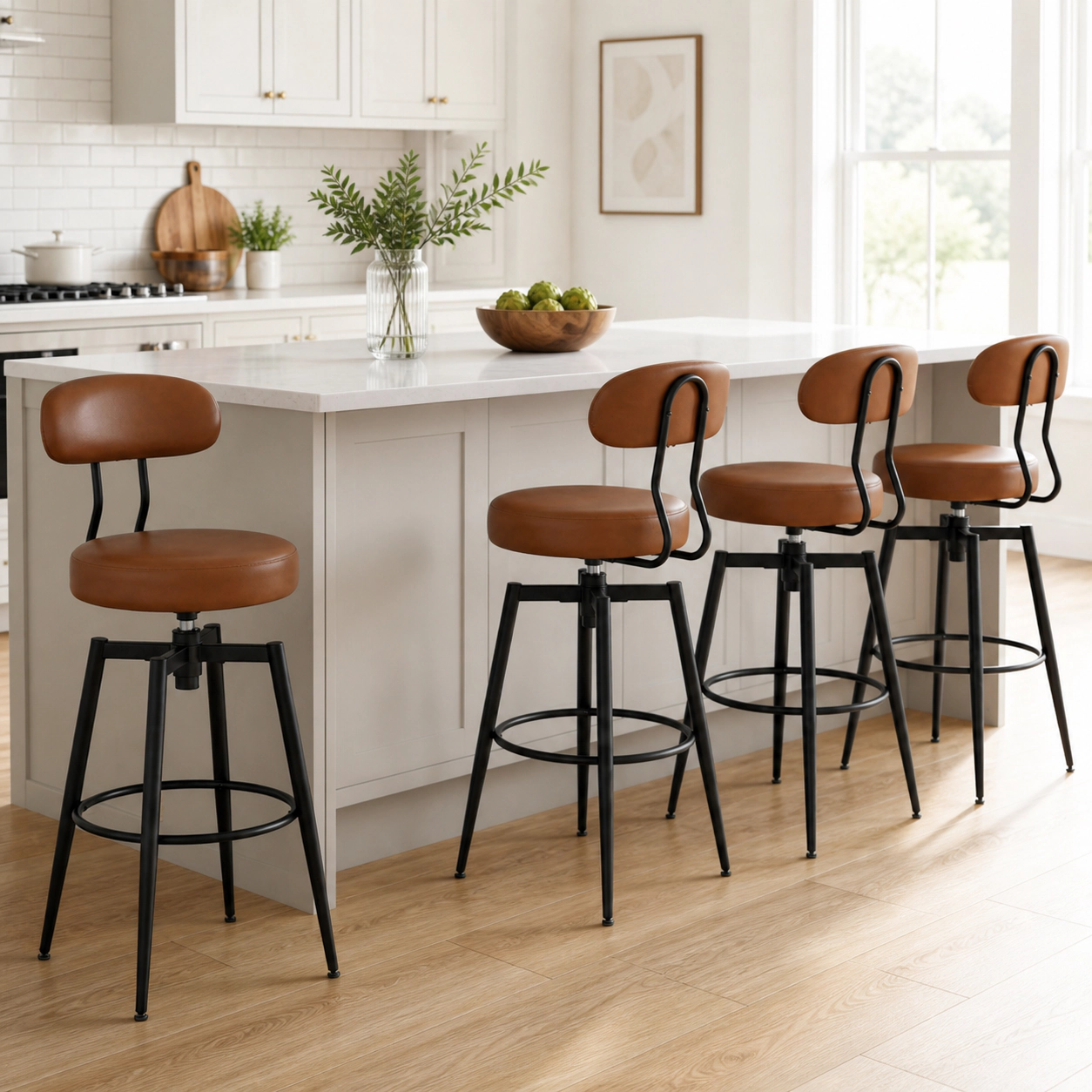 SUGIFT Set of 4 30-Inch Faux Leather Swivel Bar Stools, 330-Lb Capacity, Curved Back