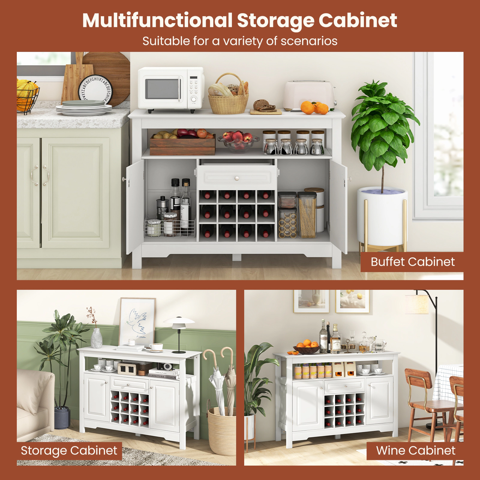 Glintex 45.5-Inch Buffet Cabinet with Removable Wine Rack and Open Shelf, White