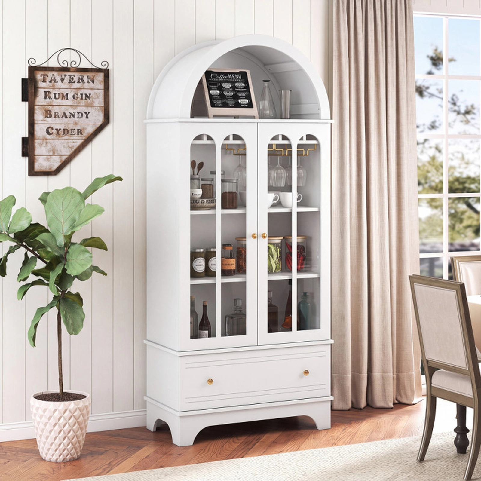 SUGIFT 5-Tier Arched Glass Doors 6-Bottle Rack 9 Stemware Holders Wine Cabinet 30.5-in x 16-in x 71.5-in White