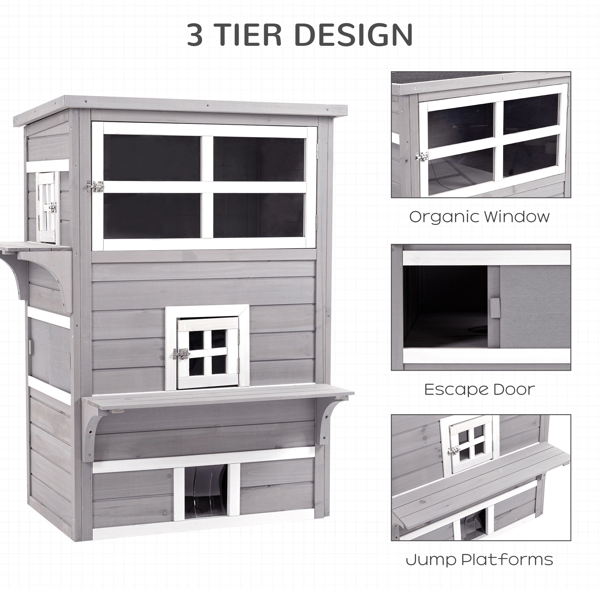 HONGGE Outdoor Cat House 3-Tier Kitty Shelter with 5 Escape Doors Weather Resistant
