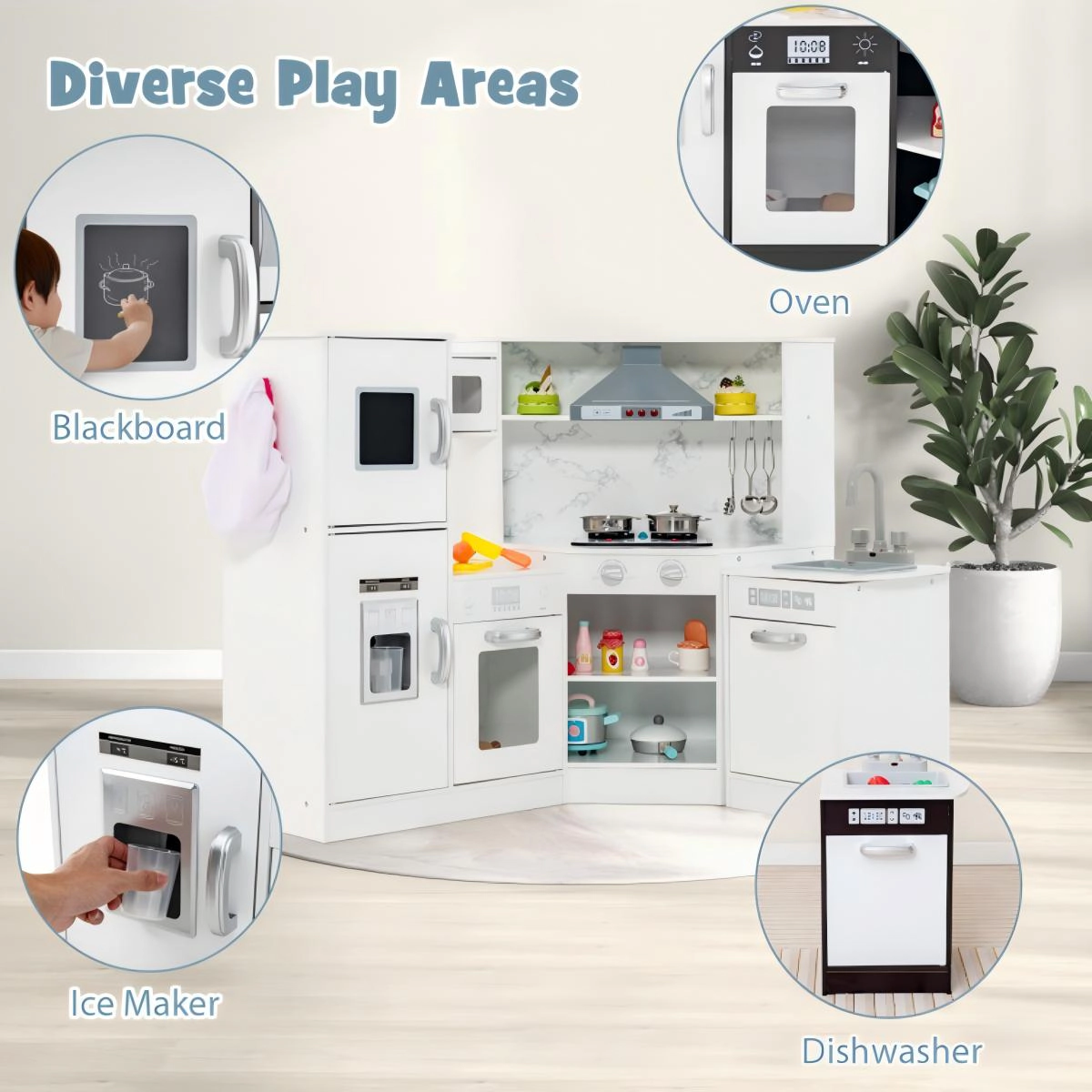 SUGIFT Corner Pretend Kitchen Playset with Separated Washing Basin and Accessories for Ages 3+ Coffee/White