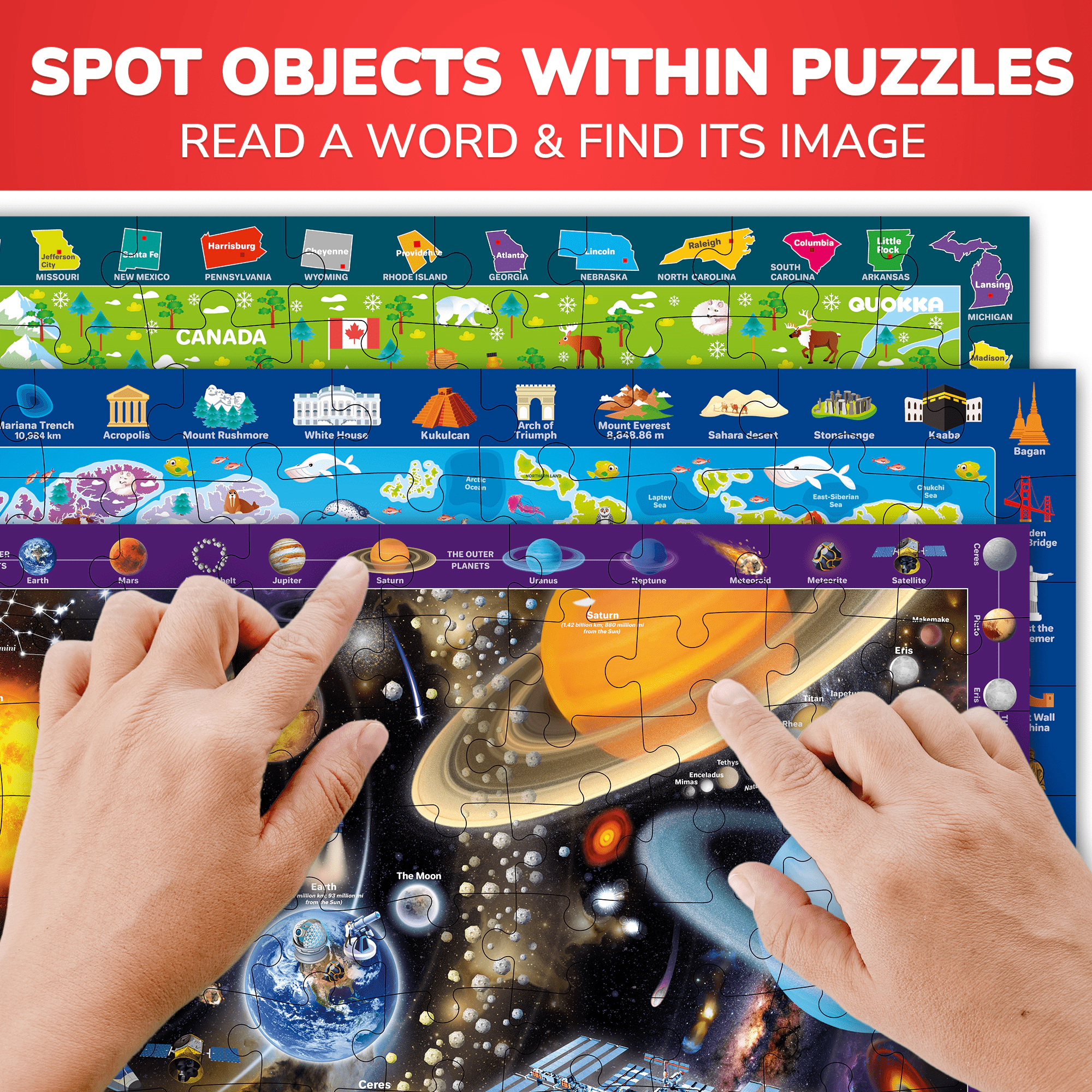 QUOKKA Educational Puzzle Set, USA Map, World Map & Solar System Jigsaw Puzzles, 100, 300 500 Piece, Ages 4+