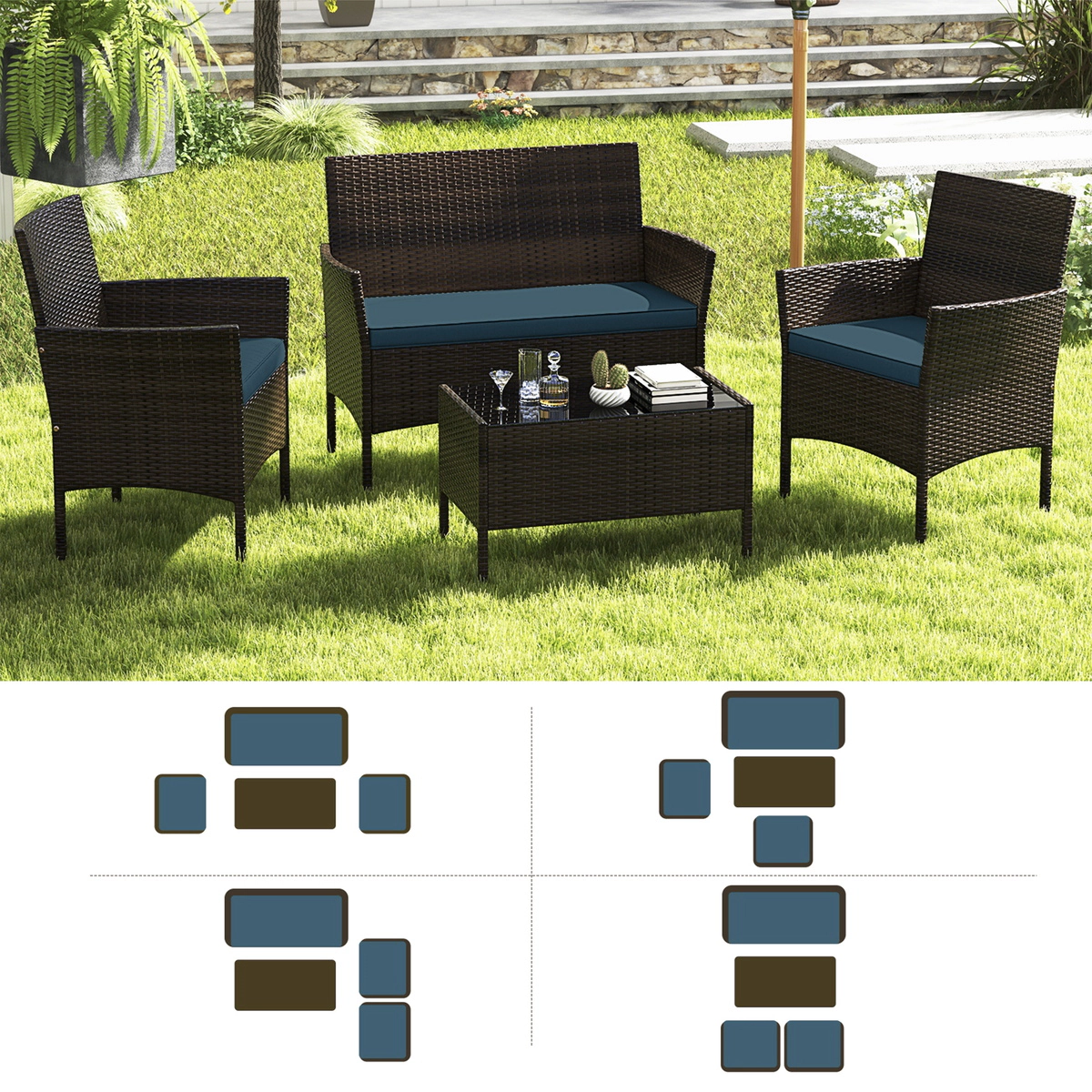 SUGIFT 4 Piece PE Rattan Patio Conversation Set with Cushions 800-lb Loveseat 400-lb Chairs 110-lb Table Peacock Blue