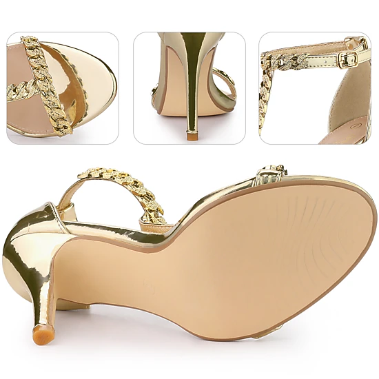 BLISSFUL STEP Women's Rhinestone T Strap Ankle Strap Stiletto Heels Sandals