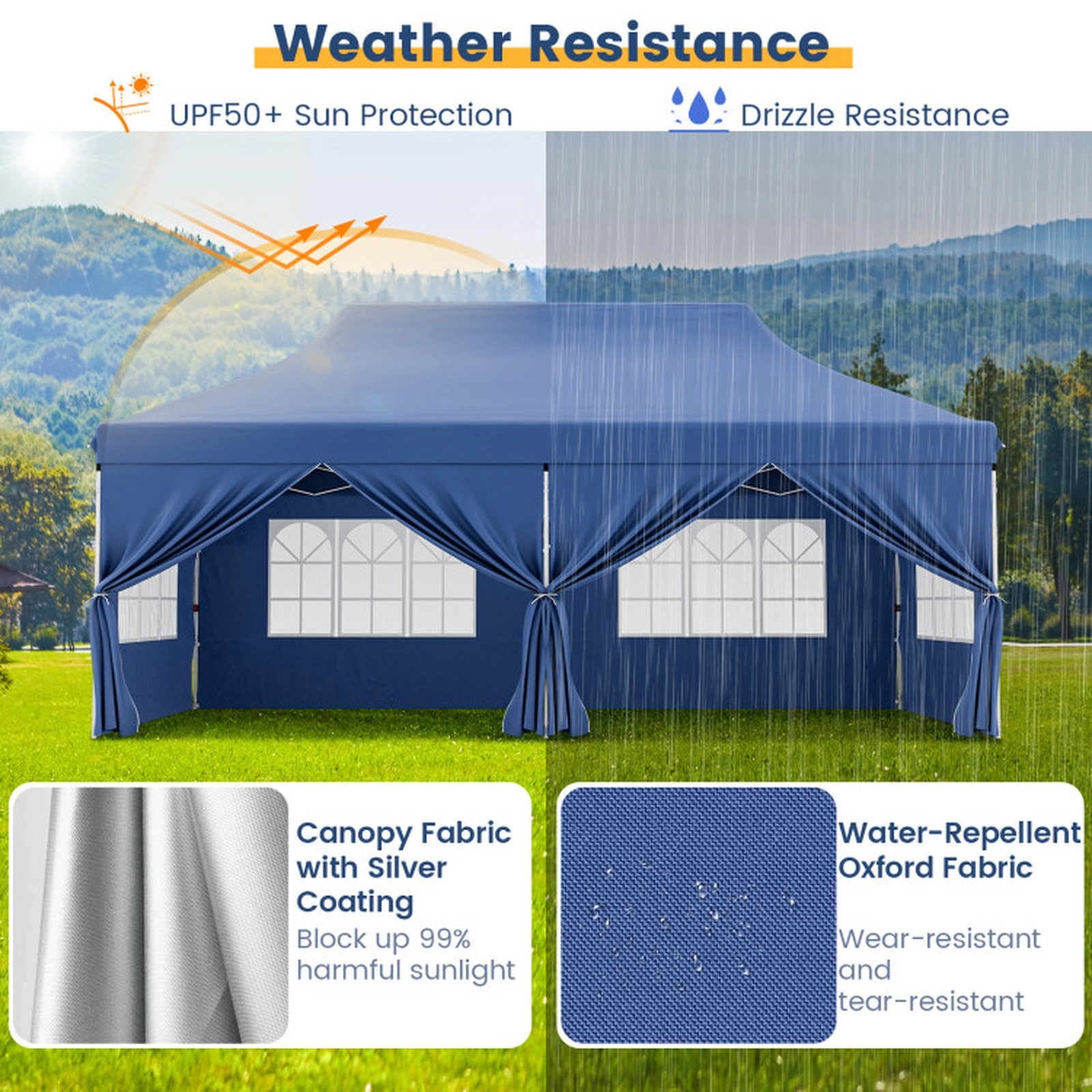 SUGIFT Blue 10-ft by 20-ft 3-Level UPF50+ 210D Oxford Pop Up Canopy Tent with 6 Sidewalls and Windows