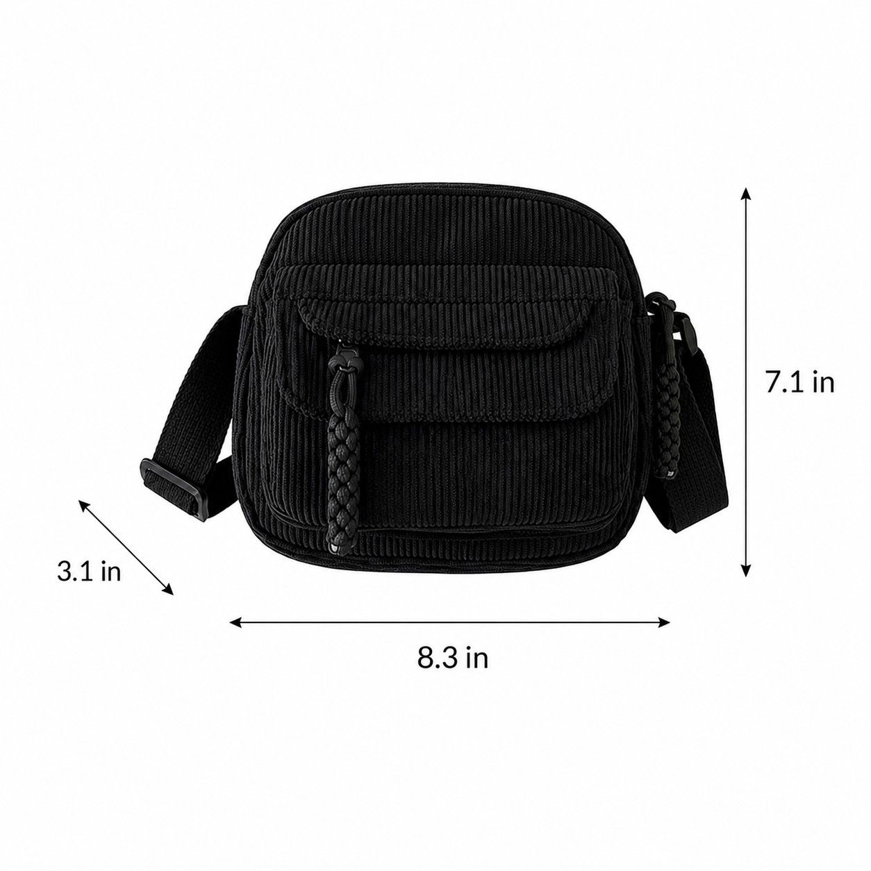 Alilang Women's Corduroy Crossbody Bag with Front Pocket Adjustable Strap and Zip Closure, Black