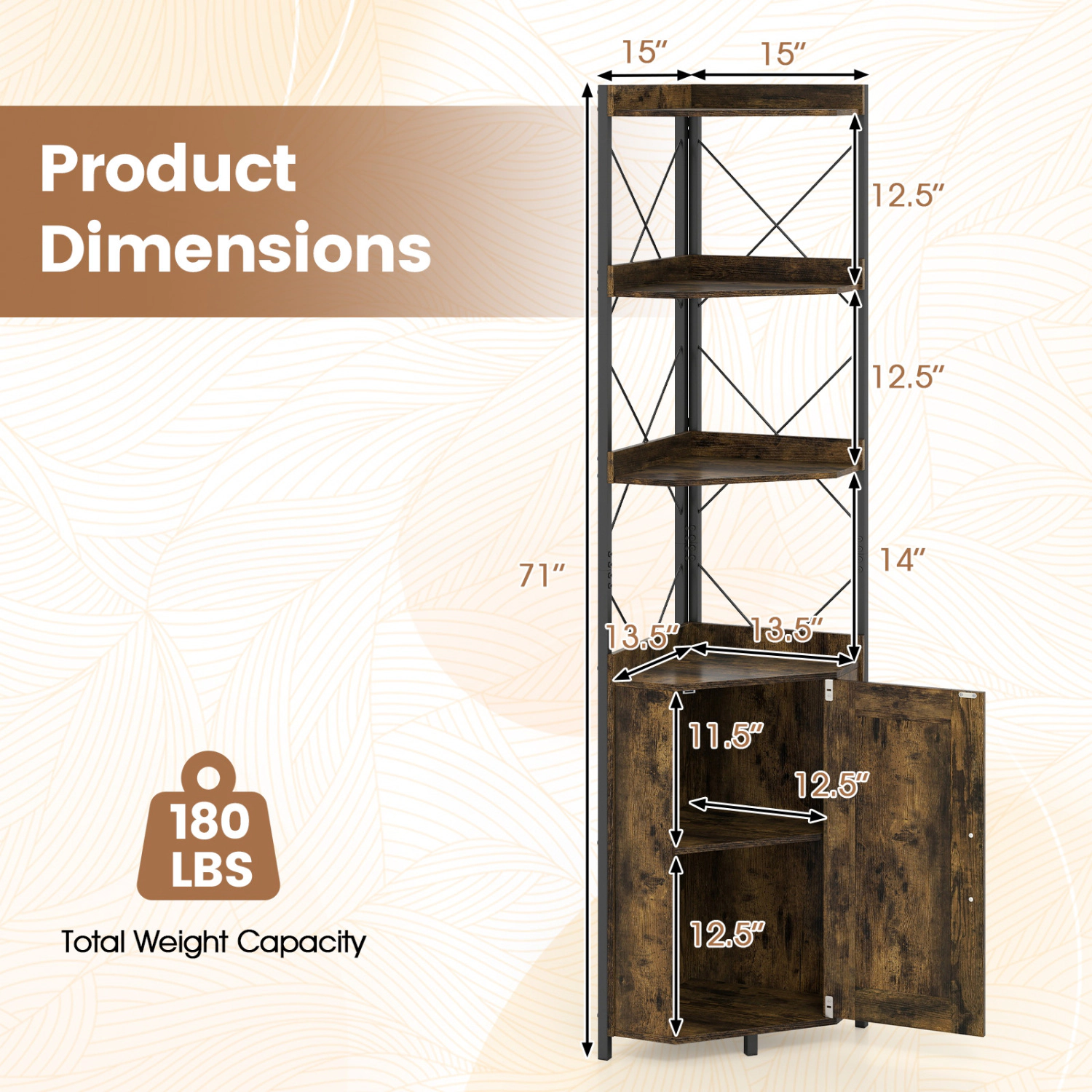 LJG Tall Corner Storage Cabinet with 3-Tier Shelf and Enclosed Cabinet