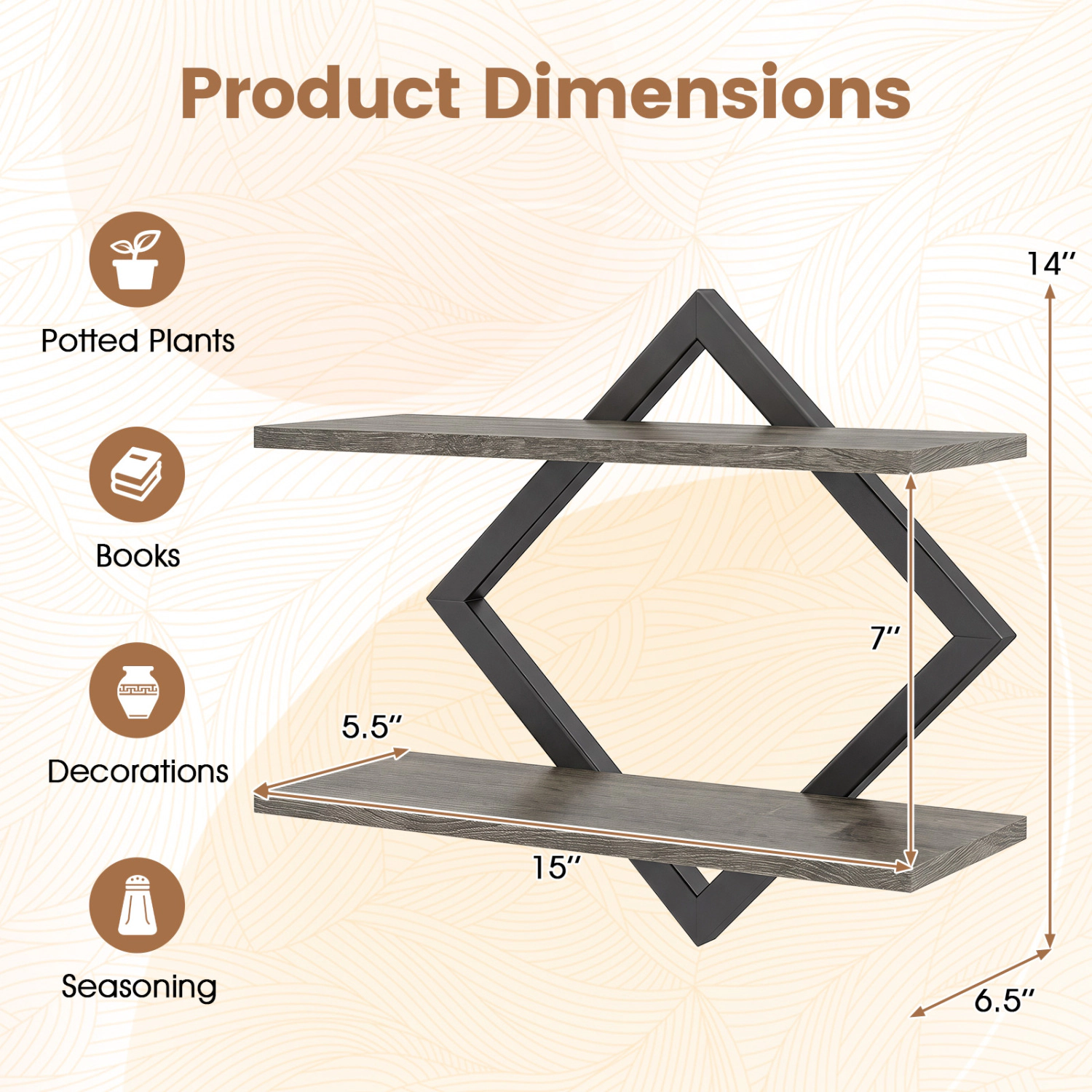 LJG Set of 2 Metal Floating Shelves for Wall with Geometric Frame