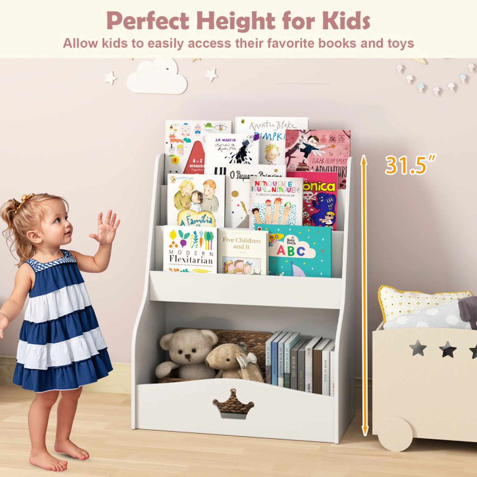 SUGIFT Kids 4-Tier MDF Open Compartment Toddler Bookshelf 24.5-in x 14-in x 31.5-in 80-lb Capacity Ages 3+ White