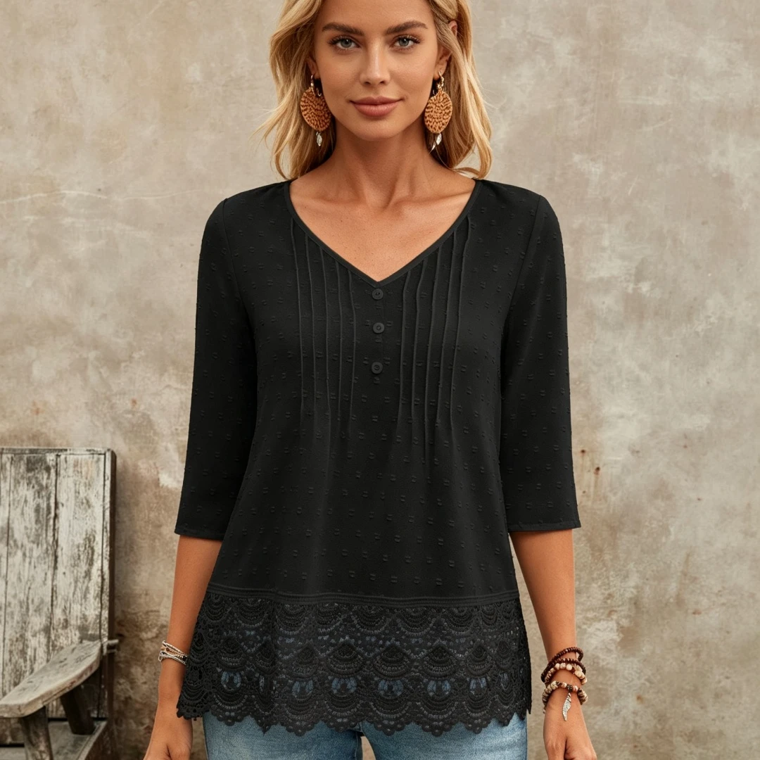 Coolmee Women 3/4 Sleeve Tops Dressy Casual Pleated Front Lace Hem Blouses V Neck Summer Shirts