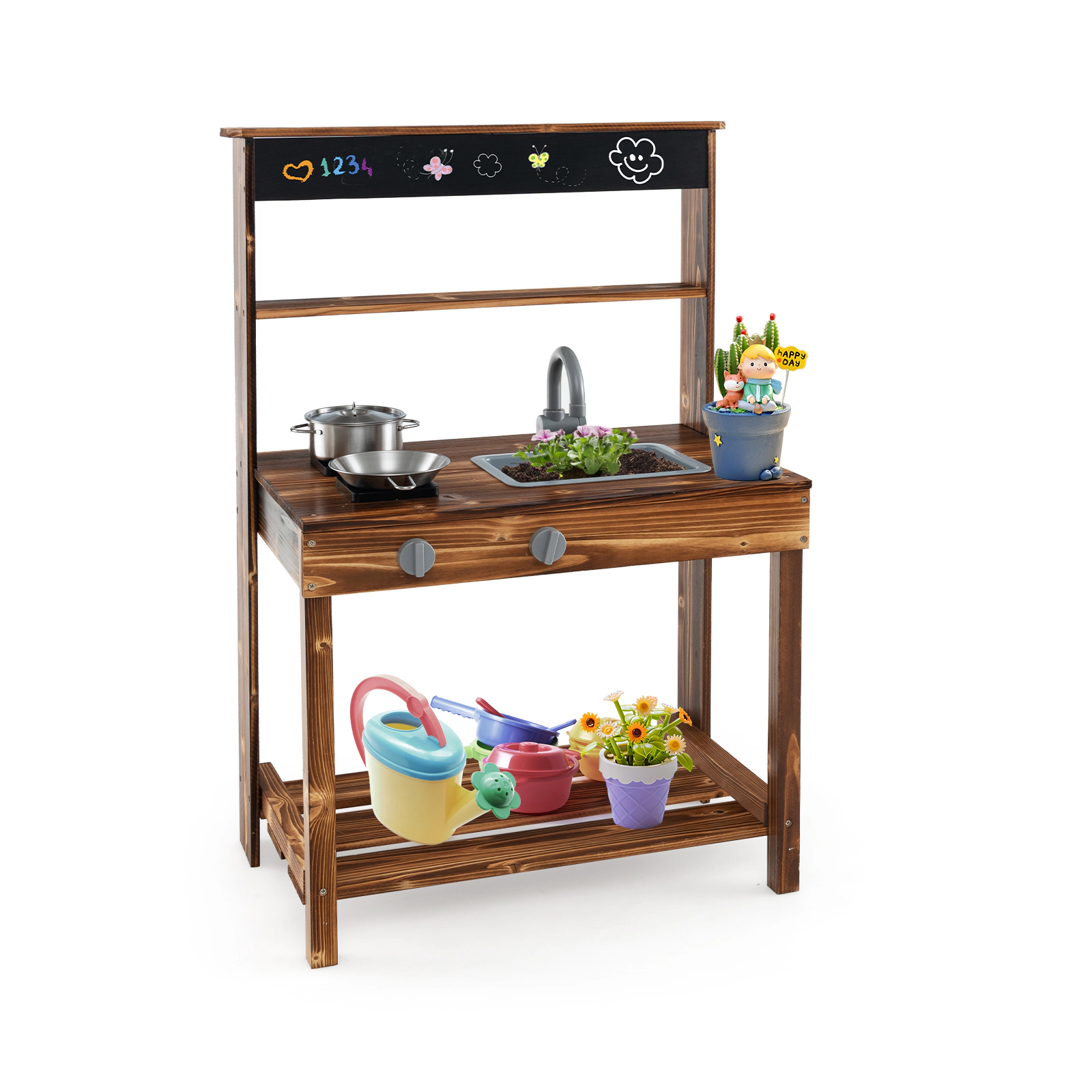 SUGIFT Kids Natural Fir Wood Outdoor Mud Kitchen with Rotatable Faucet and Removable Sink 25.5-in W 38-in H