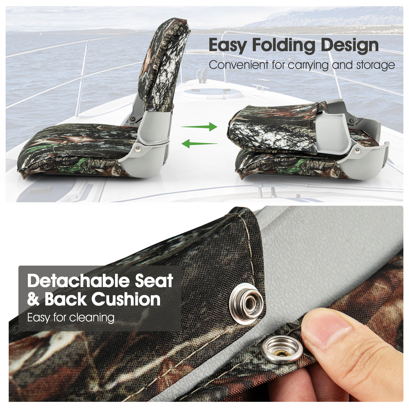 SUGIFT Low Back Folding Padded Boat Seat 330-lb Capacity Camouflage