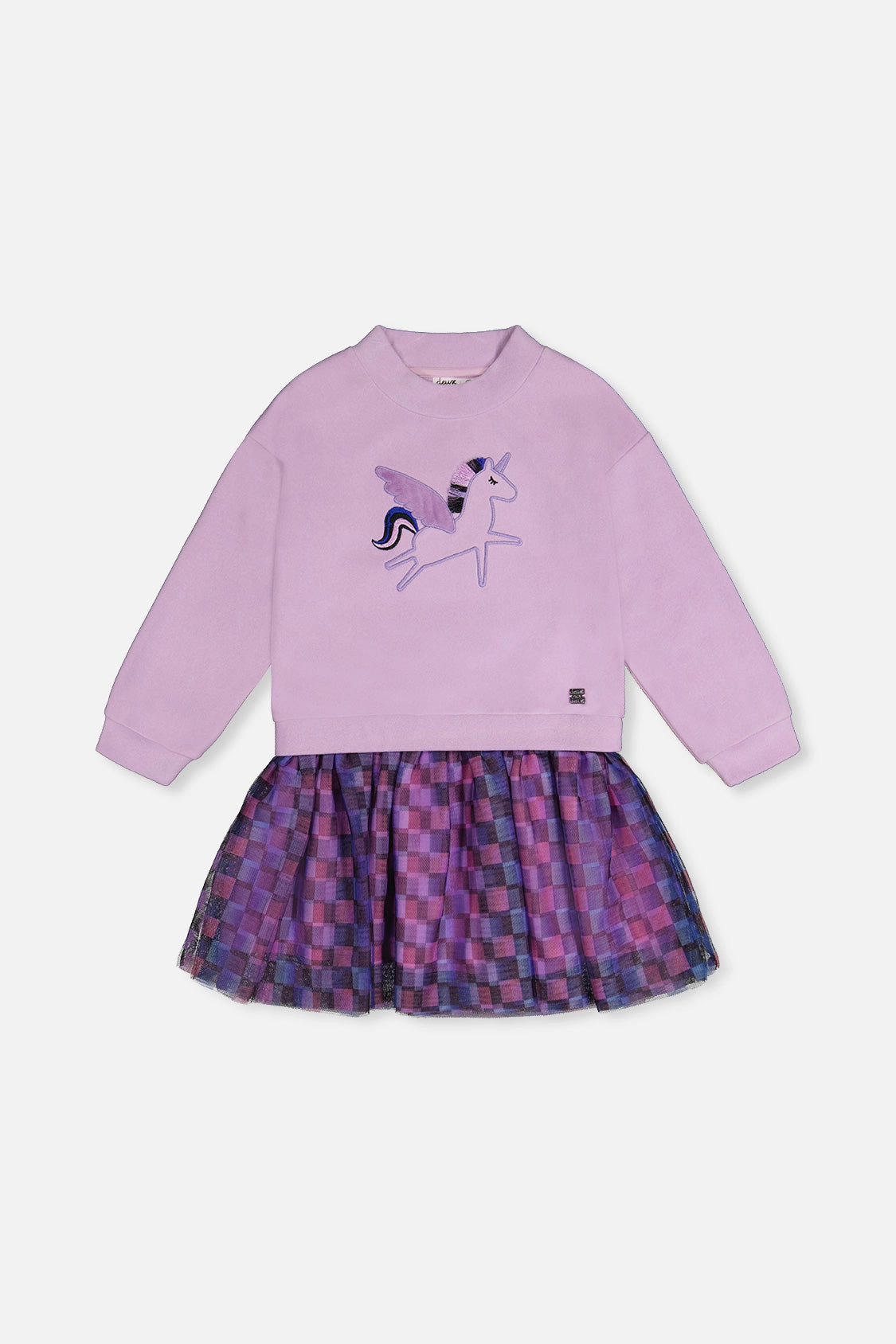 Deux par Girls Unicorn Embroidered Bi-Material Dress