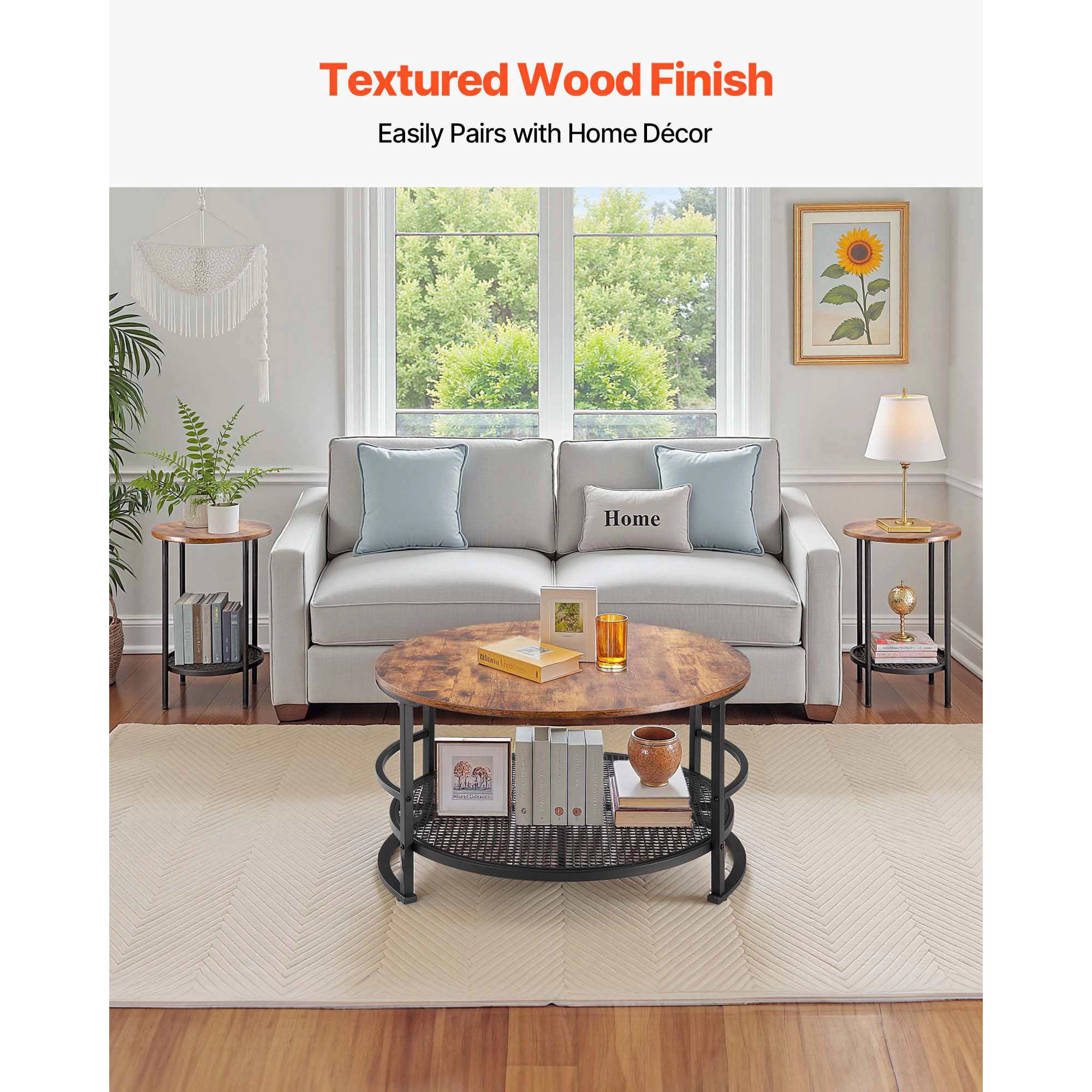 HONGGE 3-Piece Round Coffee Table Set with 2 End Tables, Industrial Wood & Metal Storage Shelf Table Set for Living Room