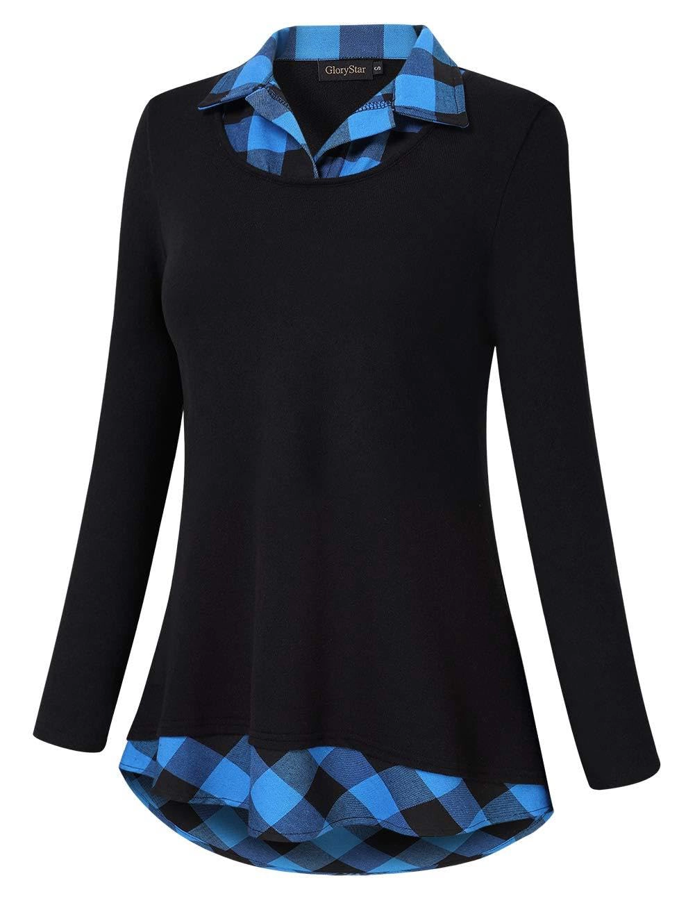 KOJOOIN Women's Blouse Plaid Contrast Collared Shirts 2 1 Pullover Patchwork Tunics Tops