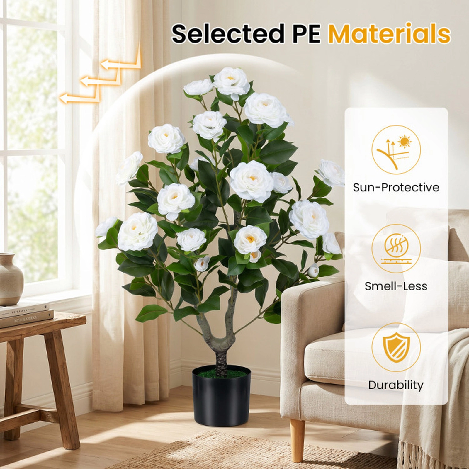 SUGIFT Set of 2 35.5-in White Artificial Camellia Trees with Faux Flowers and Cement-Filled Pots