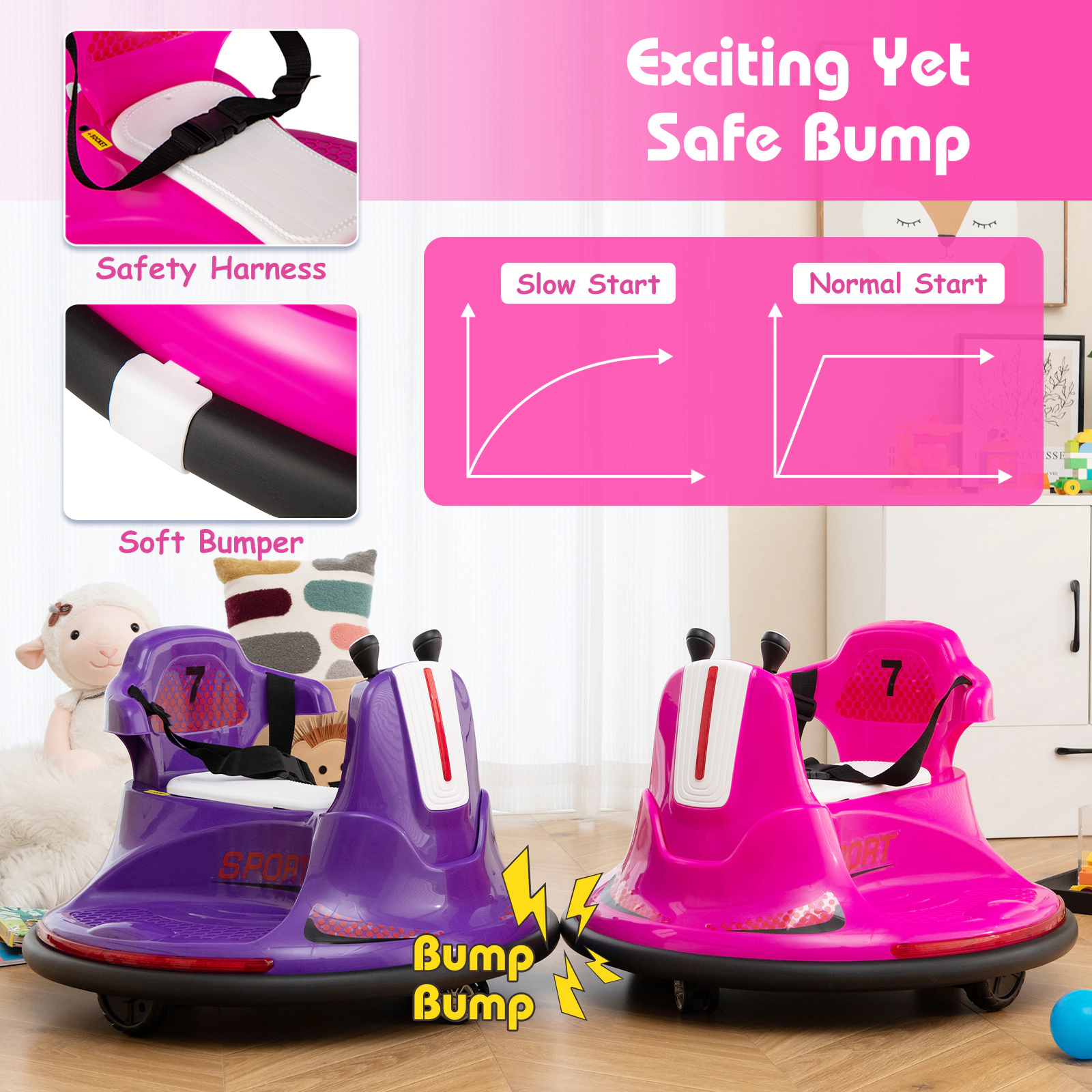 SUGIFT 12V Ride On Bumper Car with Remote Control Lights and Music 66-lb Capacity Ages 37-95 Months 26-in Wide Pink