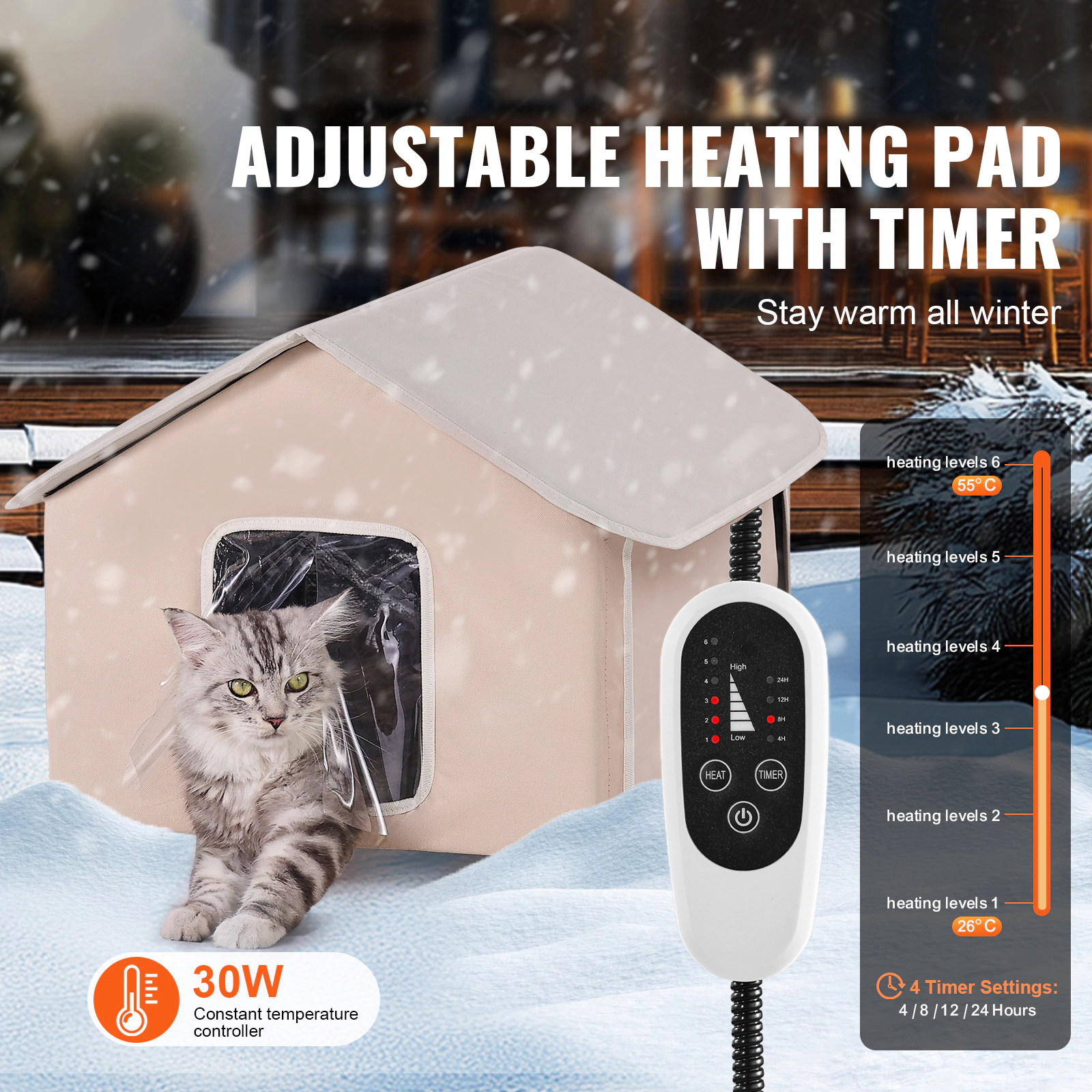 HONGGE Heated Cat House Outdoor Kitty Shelter with Timer, Foldable 600D Oxford Cloth