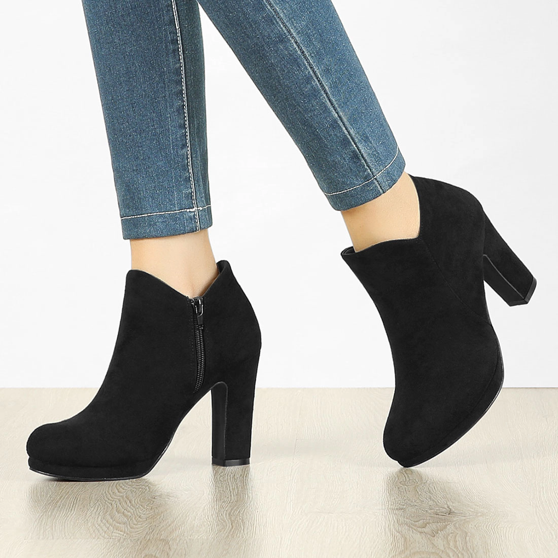 BLISSFUL STEP Women's Round Toe Chunky Heeled Ankle Heel Boots