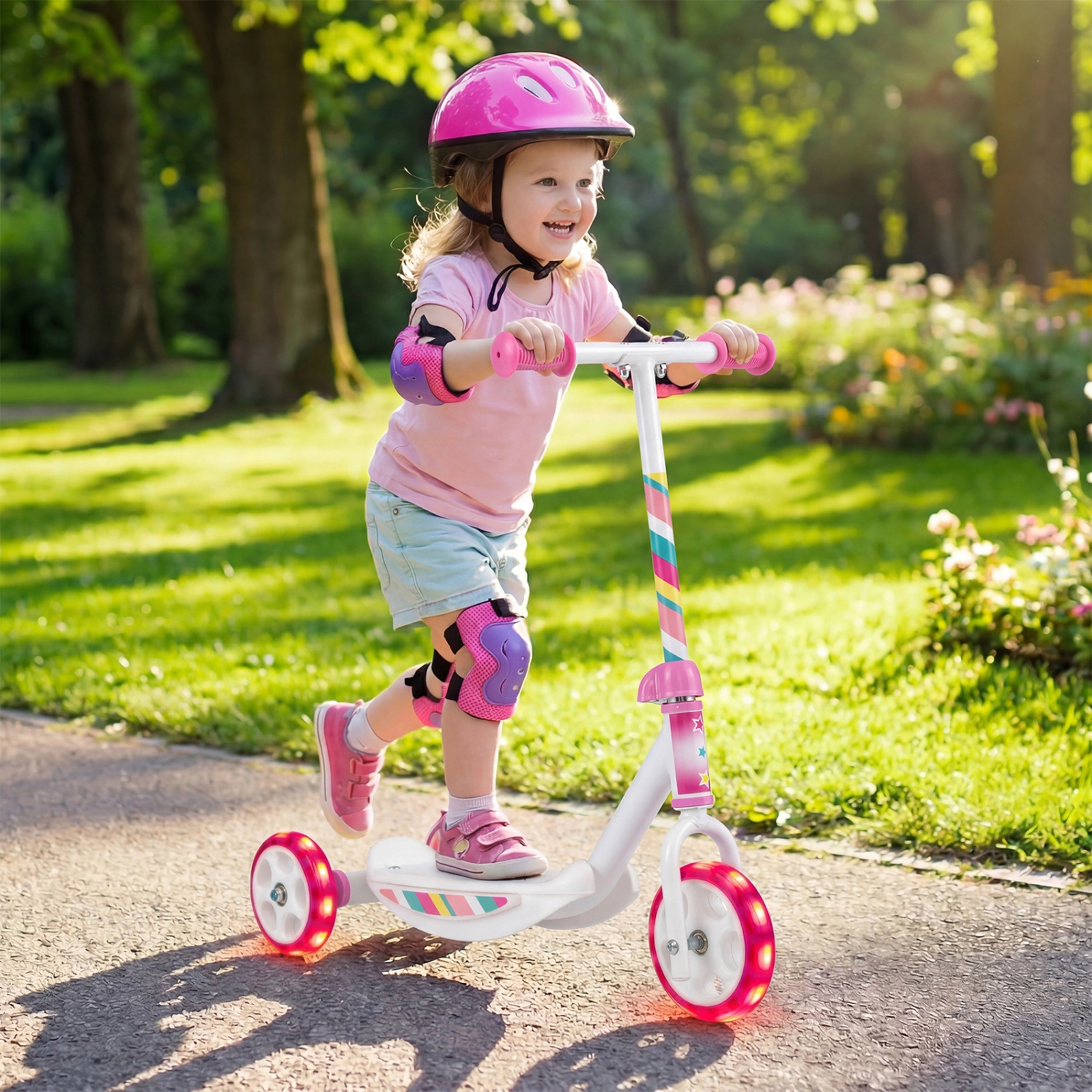 SUGIFT Toddler Pink 3-Wheel Kick Scooter with LED Light-Up Wheels 22-in W 12.5-in D 23-in H 44-lb Rider Capacity