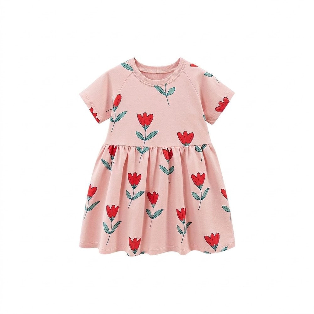 19076 Baby Girls Pink Floral Short Sleeve A-Line Dress