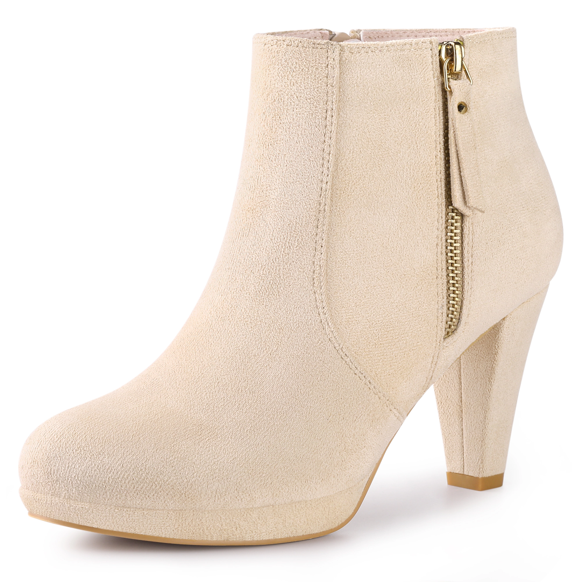 BLISSFUL STEP Women Faux Suede Chunky Heel Platform Round Toe Side Zip Ankle Boots