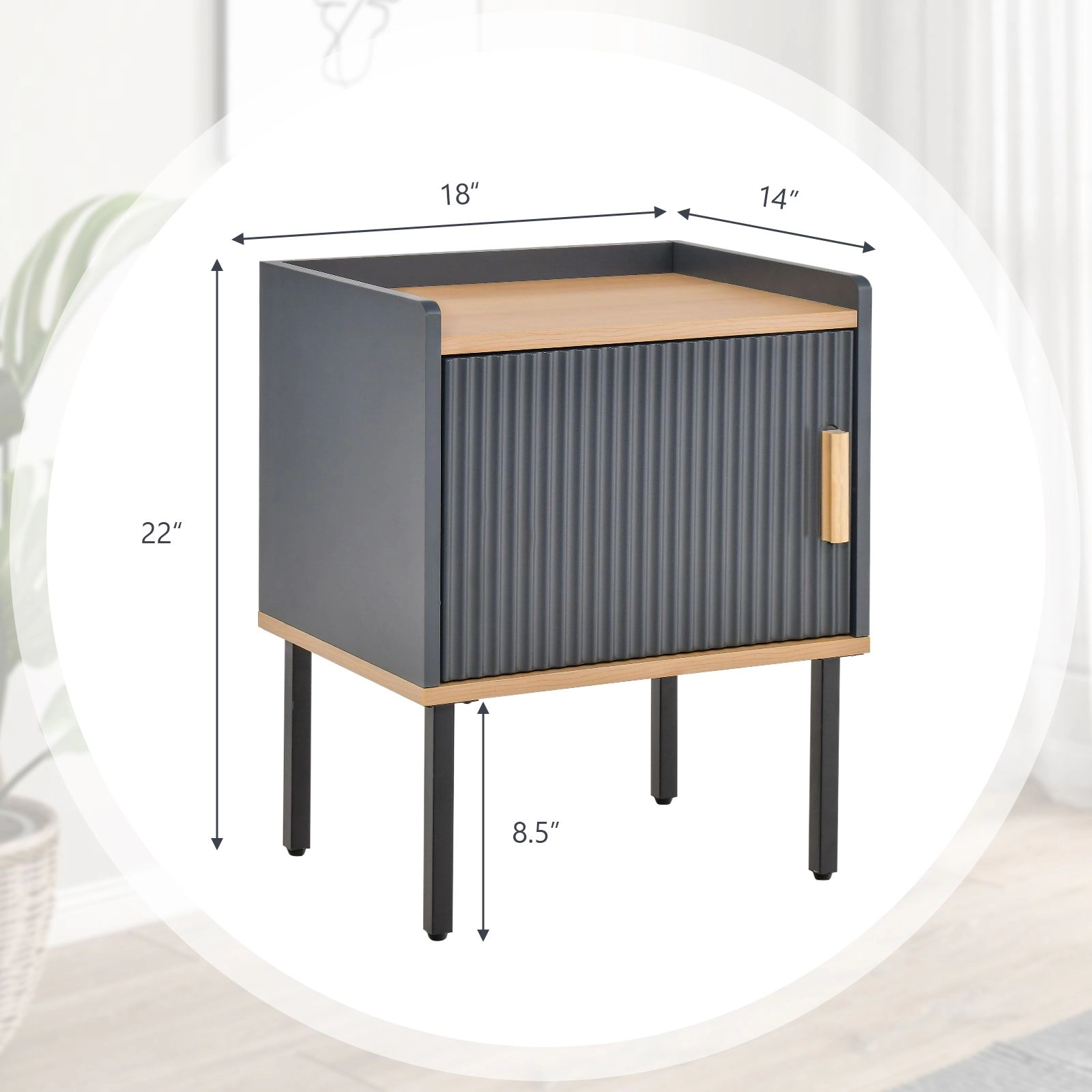 SlickBlue Gray Bedside Table with Storage Cabinet and Wood Handle