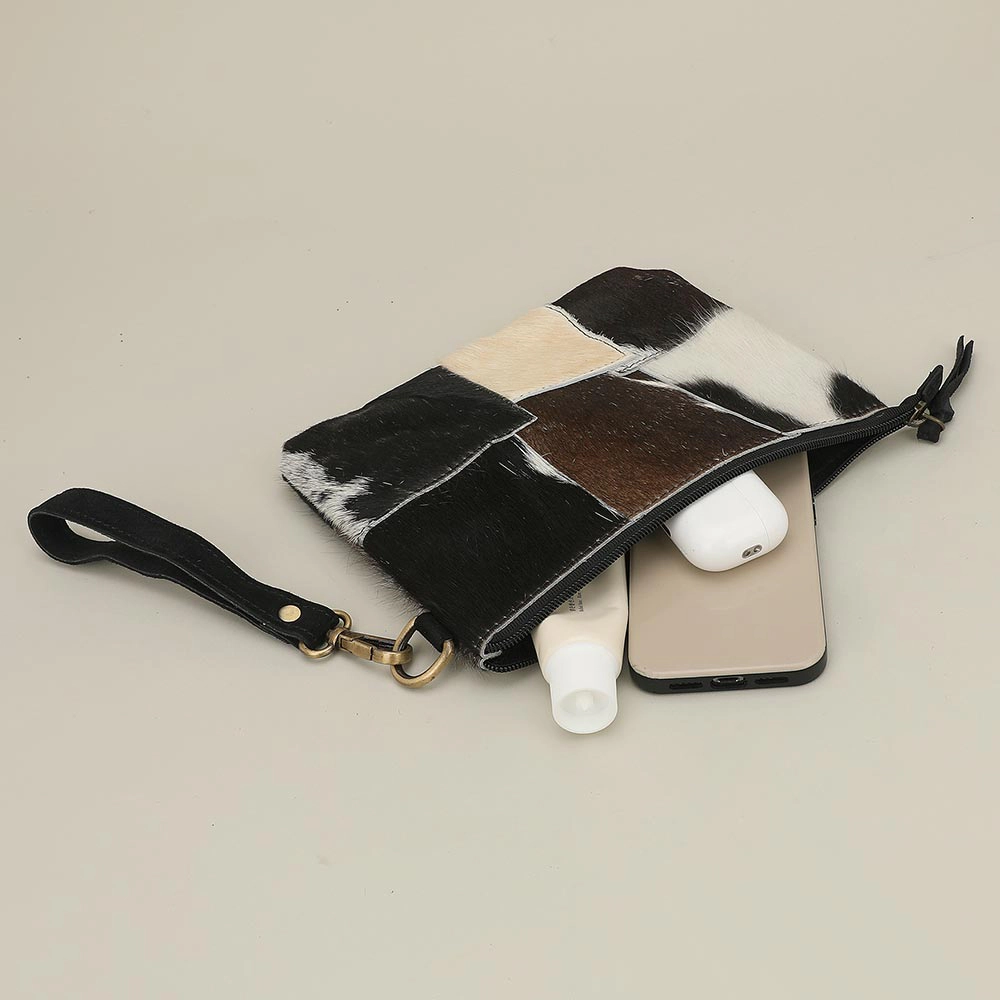 Fashnzfab Genuine Leather Leopard Pattern Calf Fur Patchwork Wristlet Pouch Clutch Bag