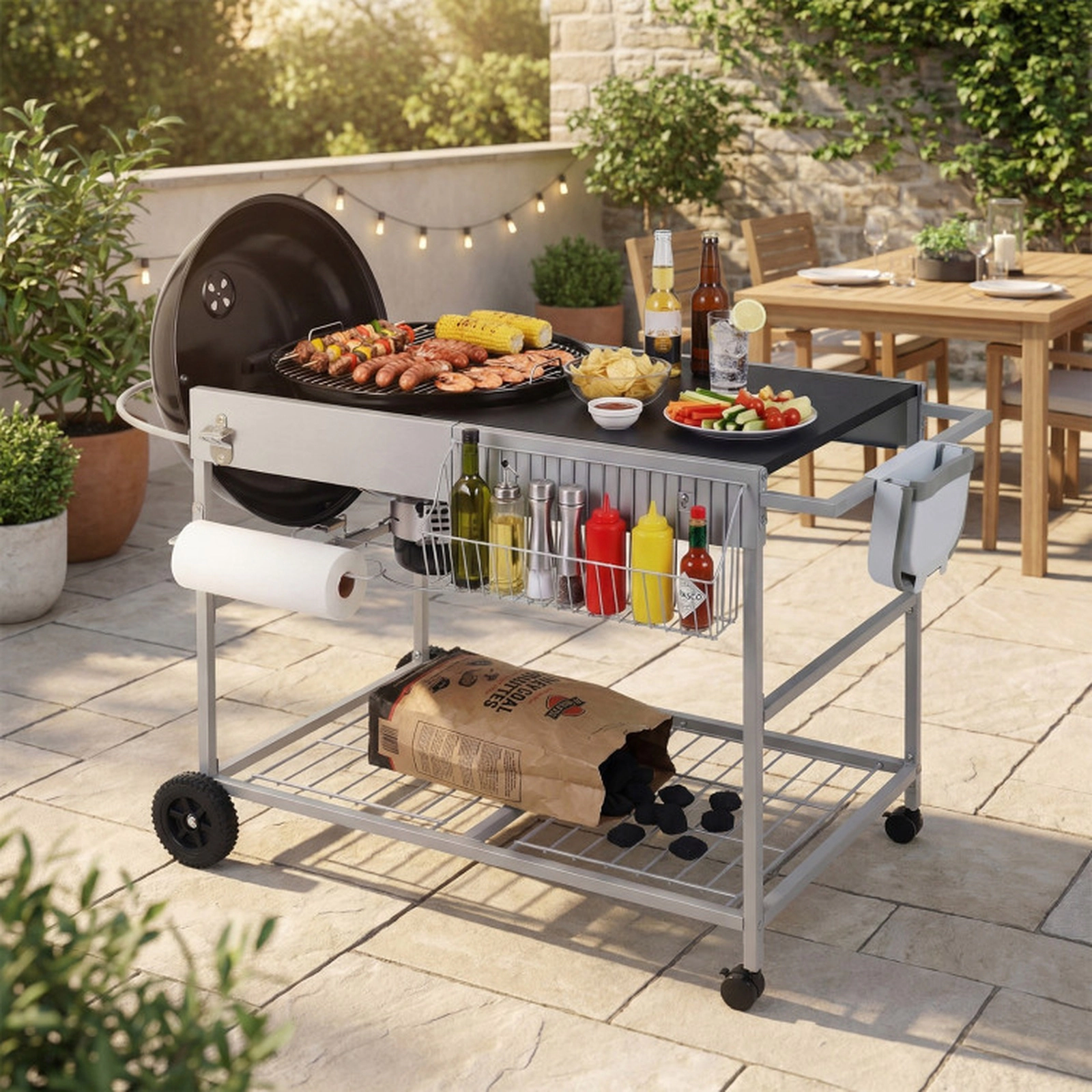 SUGIFT Black Rolling Grill Cart Table with Lid Holder and Seasoning Rack 55.5-in W 24.5-in D 31.5-in H